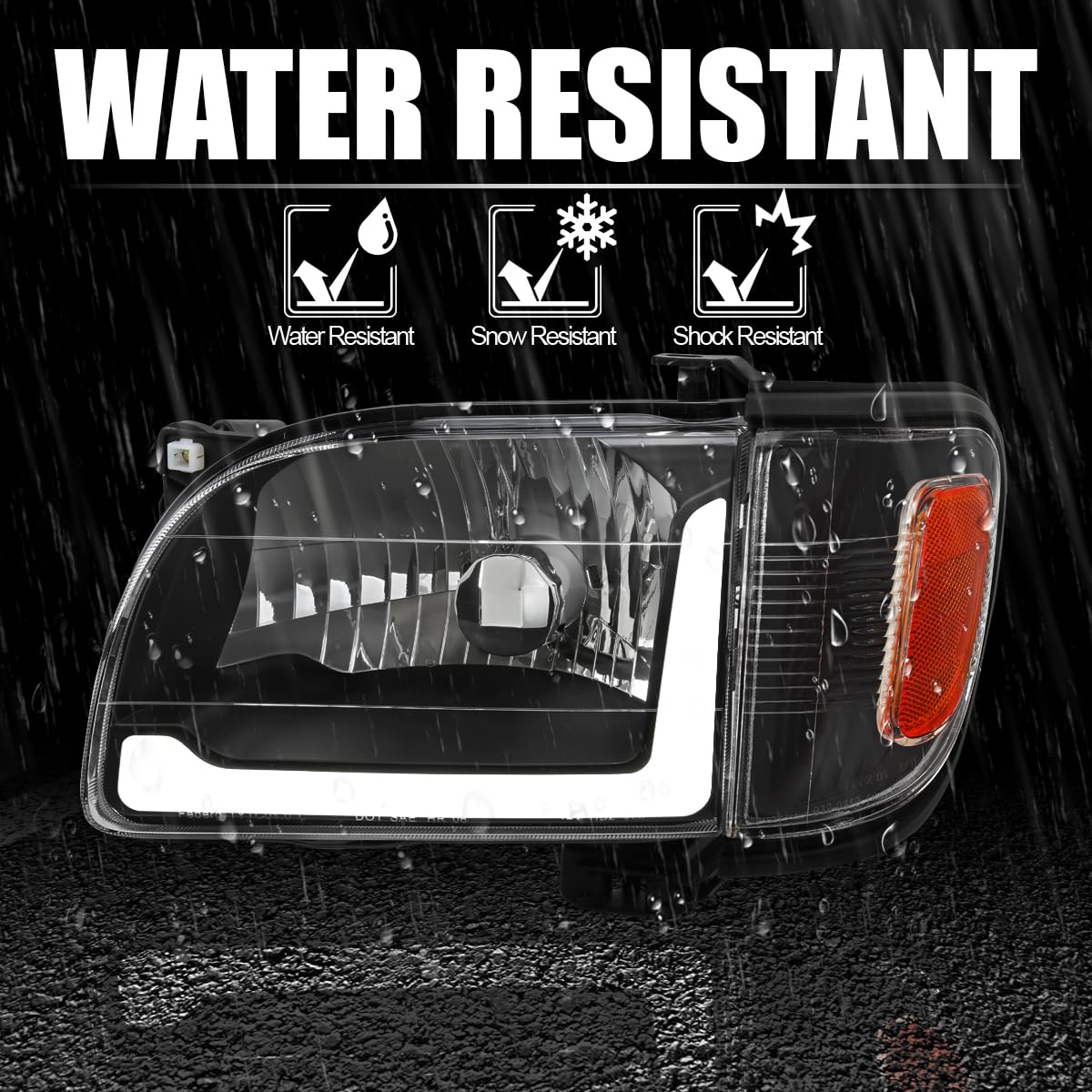 Black LED Tube Headlights + Corner Lights Spec-D Tuning Compatible with 2001-2004 Toyota Tacoma, Left + Right Pair Headlamp Assembly