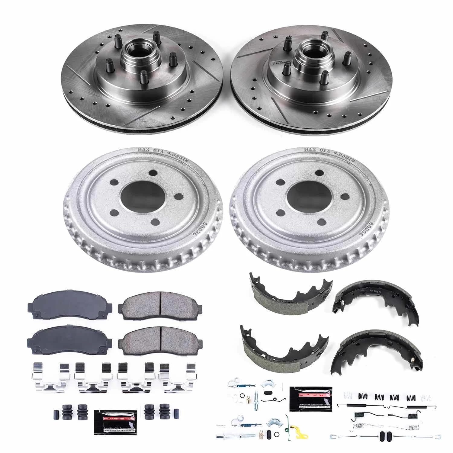 Power Stop K15154DK Z23 Carbon Fiber Brake Pads Front and Rear with Drilled & Slotted Brake Drums Kit For Ford Ranger, Mazda B2300, Mazda B3000, Mazda B4000 [Model Specific]