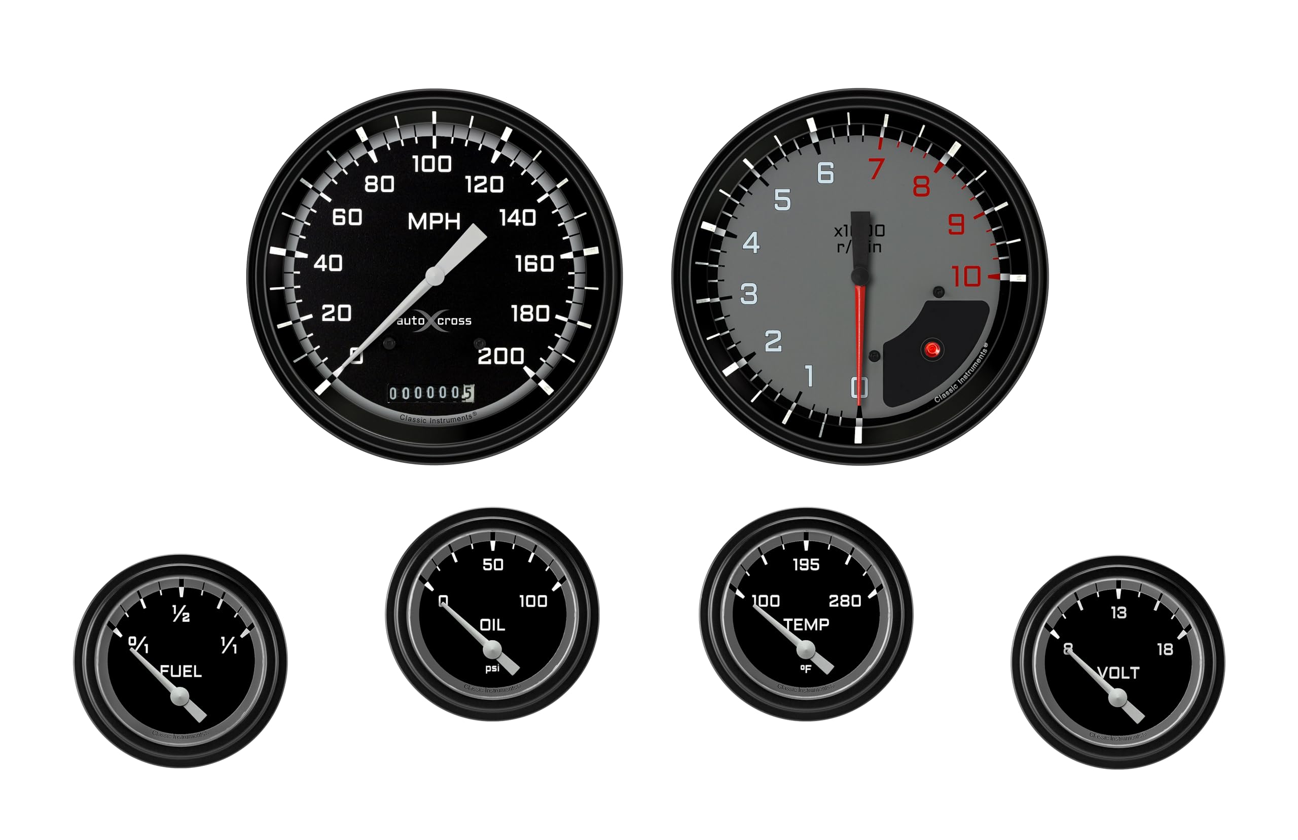 AX251GBLF Classic Instruments Autocross Gray 2 1/8" Short Sweep 6 Gauge Set - GM