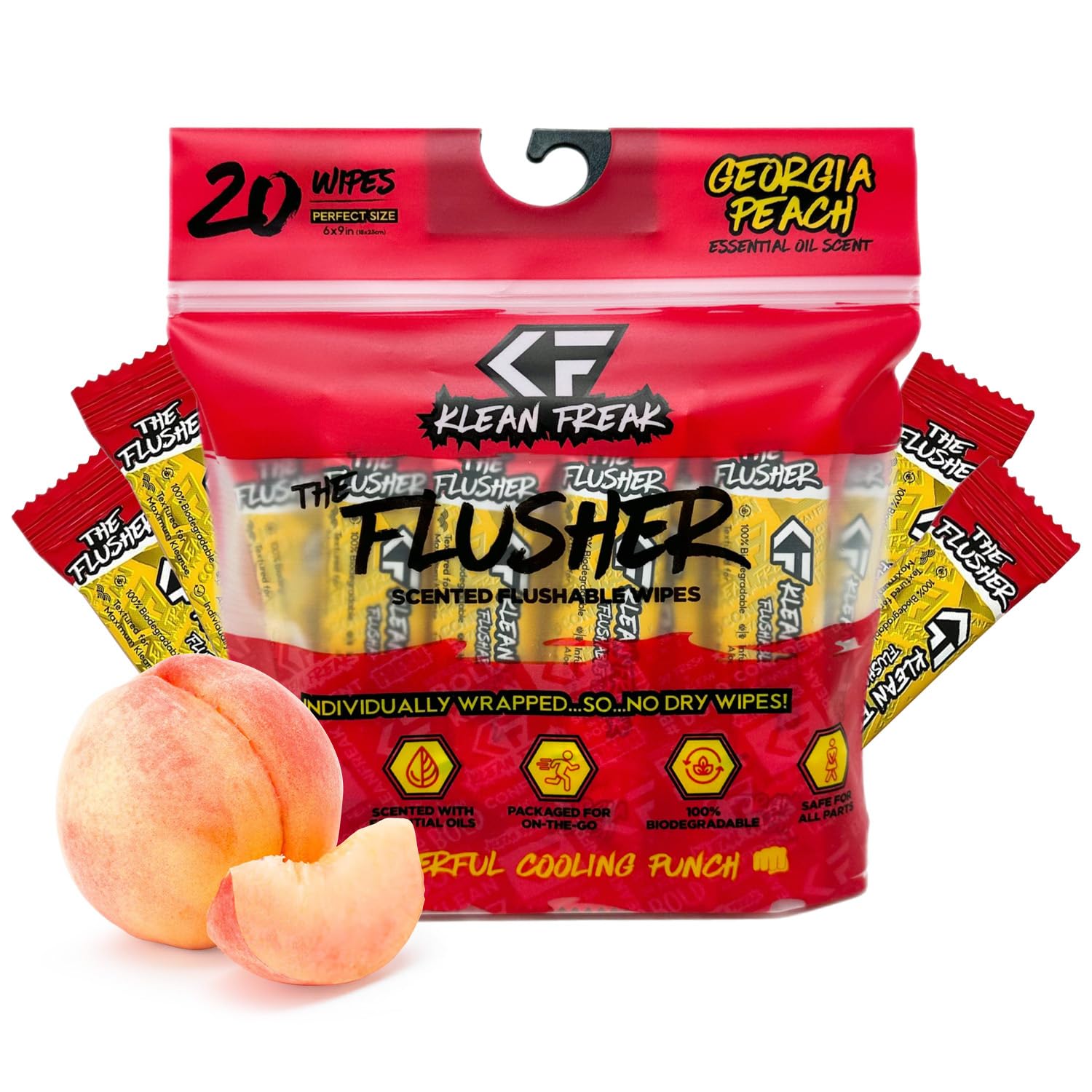 FLUSHER THE KLEAN FREAK - Flushable Wipes For Adults & Kids - 100% BIODEGRADABLE Individual Wrapped Travel WET Wipe for Toilet - Soothing Aloe & Witch Hazel - Alcohol Free 20 Pack -Georgia Peach