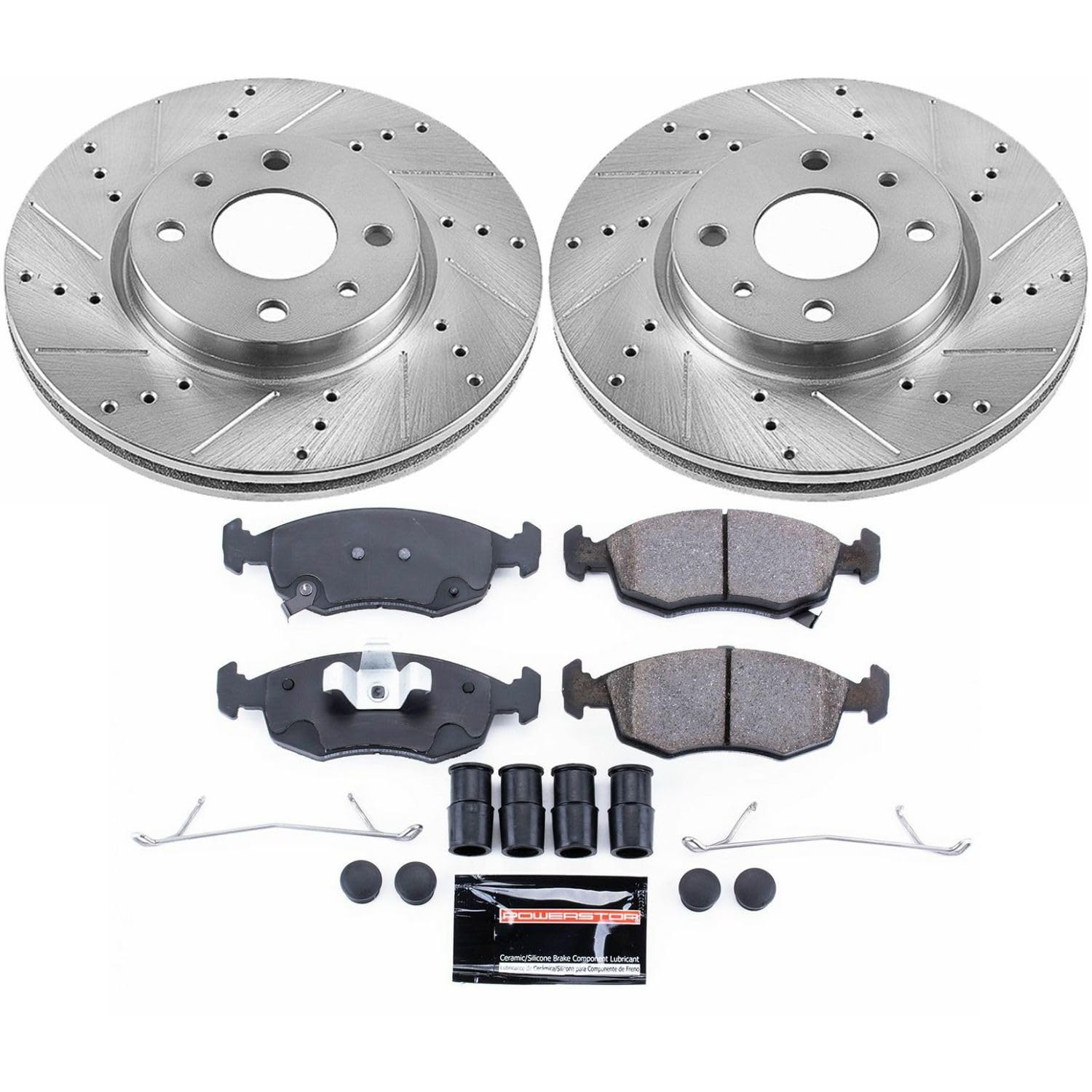Power Stop K6290 Z23 Carbon Fiber Brake Pads Front with Drilled & Slotted Brake Rotors Kit For Fiat 500 2012-2017 [Model Specific]