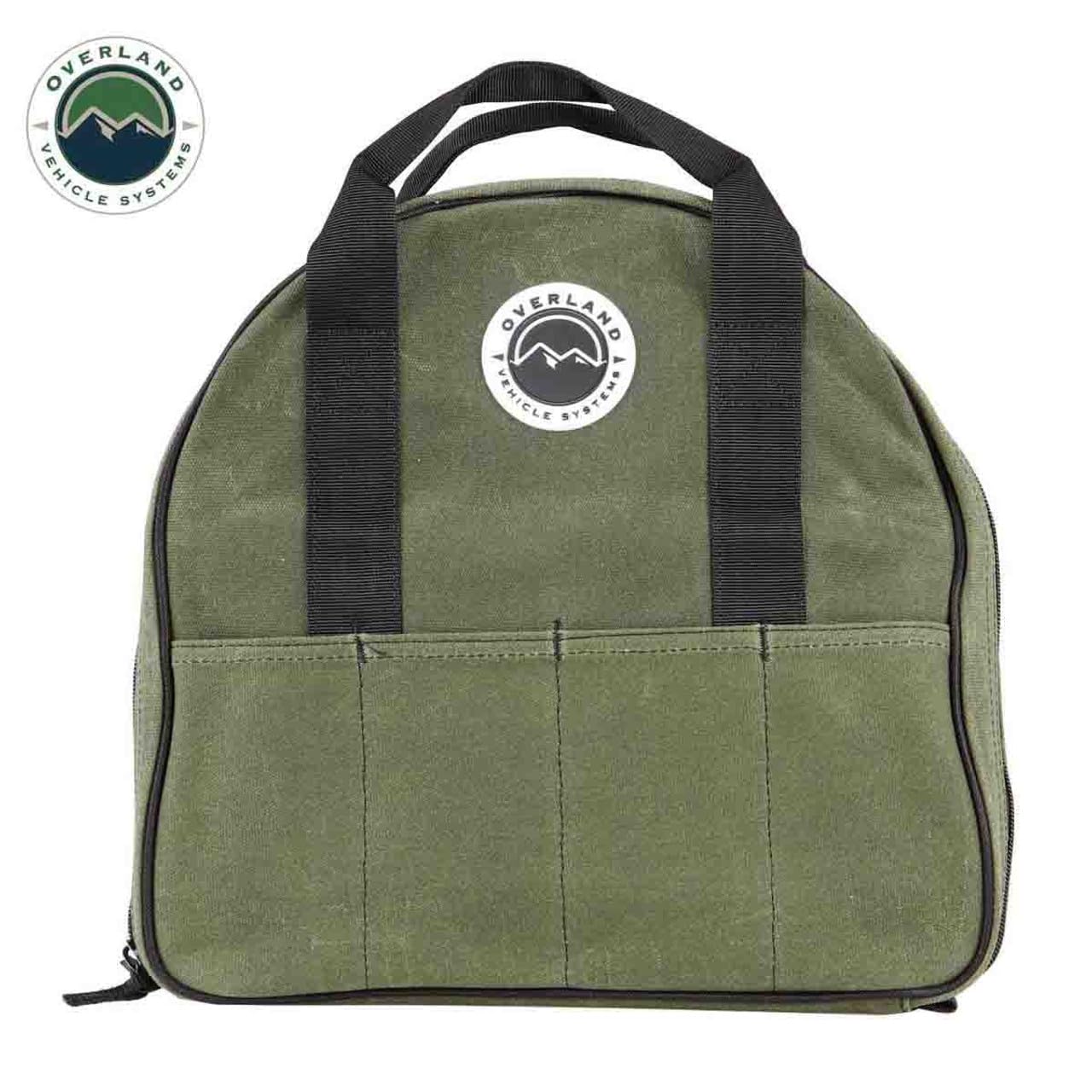 Jumper Cable Storage Bag Overland Vehicle Systems - #16 Waxed Canvas - Infused with Paraffin Wax Waterproofing - 7 Outside Tool Pockets, 3 Internal Tool Pockets, Two Heavy Duty Velcro Straps