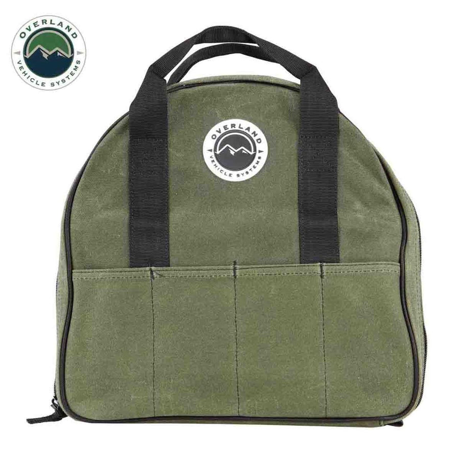 Jumper Cable Storage Bag Overland Vehicle Systems - #16 Waxed Canvas - Infused with Paraffin Wax Waterproofing - 7 Outside Tool Pockets, 3 Internal Tool Pockets, Two Heavy Duty Velcro Straps