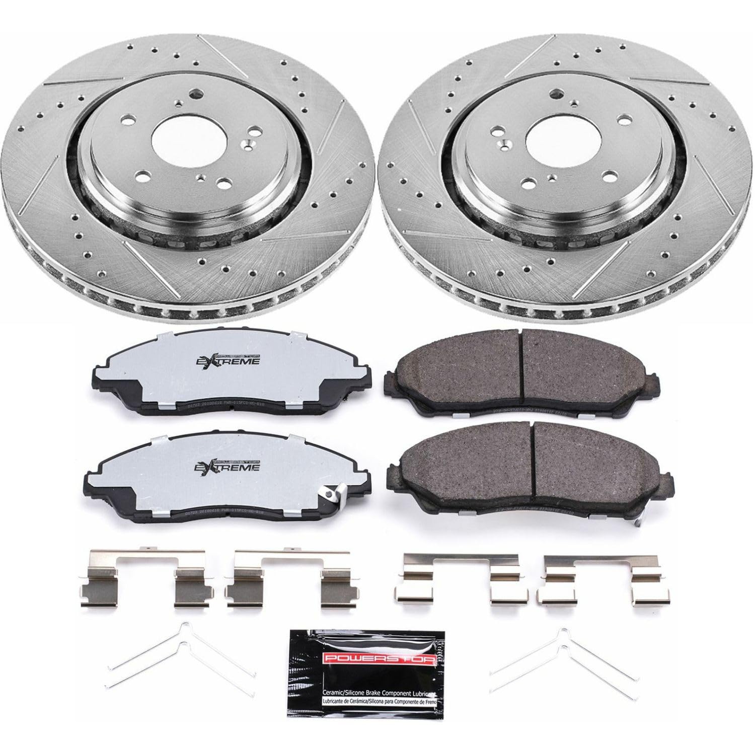 Front Brake Kit Power Stop For 2014 2015 2016 Acura MDX - Truck & Tow Carbon Fiber Ceramic Brake Pads & Drilled and Slotted Rotors Replacement, K6957-36