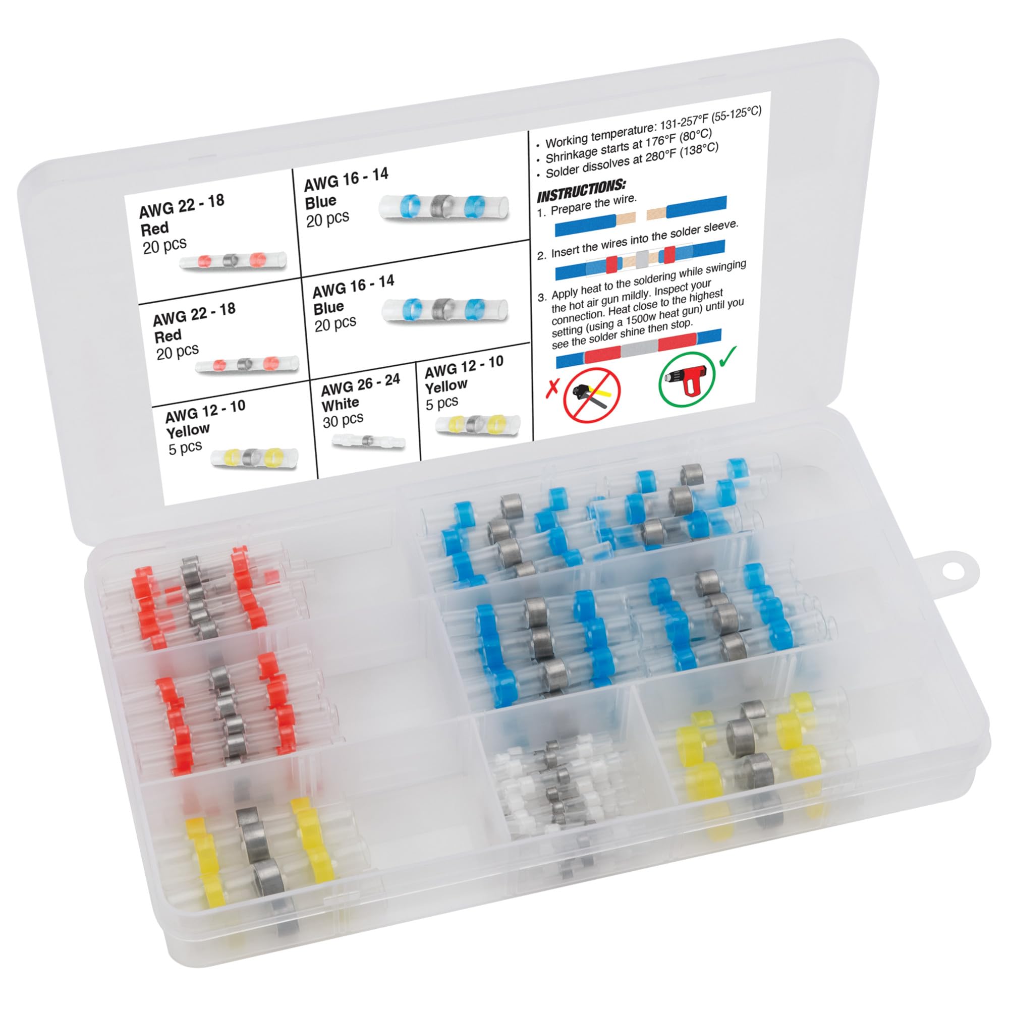 W5290 Performance Tool 120 Pc. Heat Shrink Solder Connectors - Hot Melt Adhesive, Water-Resistant, Strong Electrical Connections, White, Red, Blue, Yellow