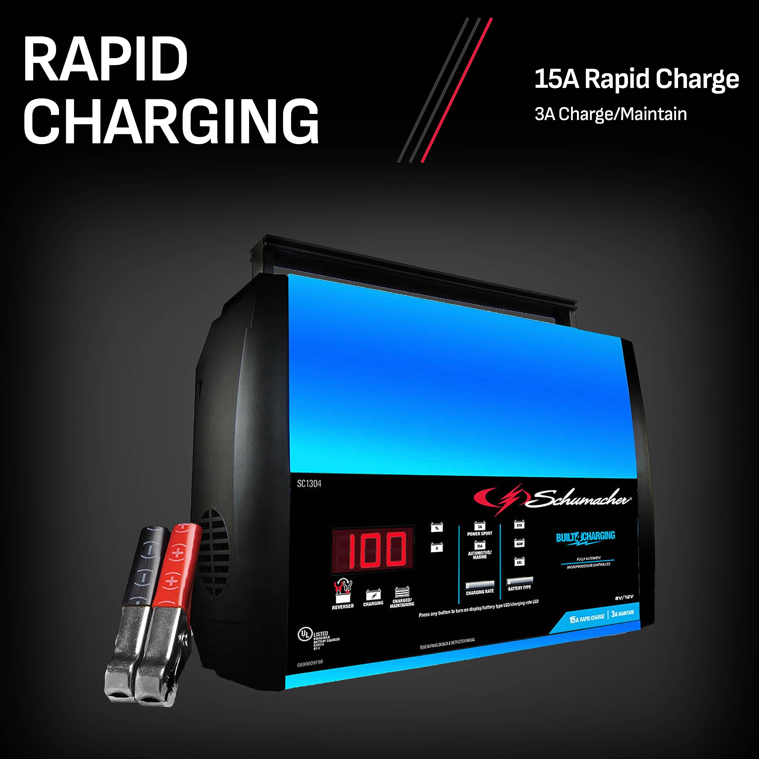 2-in-1 Schumacher Electric Rapid Battery Charger and Maintainer, SC1304 - Fully Automatic, 15 Amps, 12 Volt and 6 Volt, for Motorcycle, Power Sport, Marine, Car, and Truck Batteries