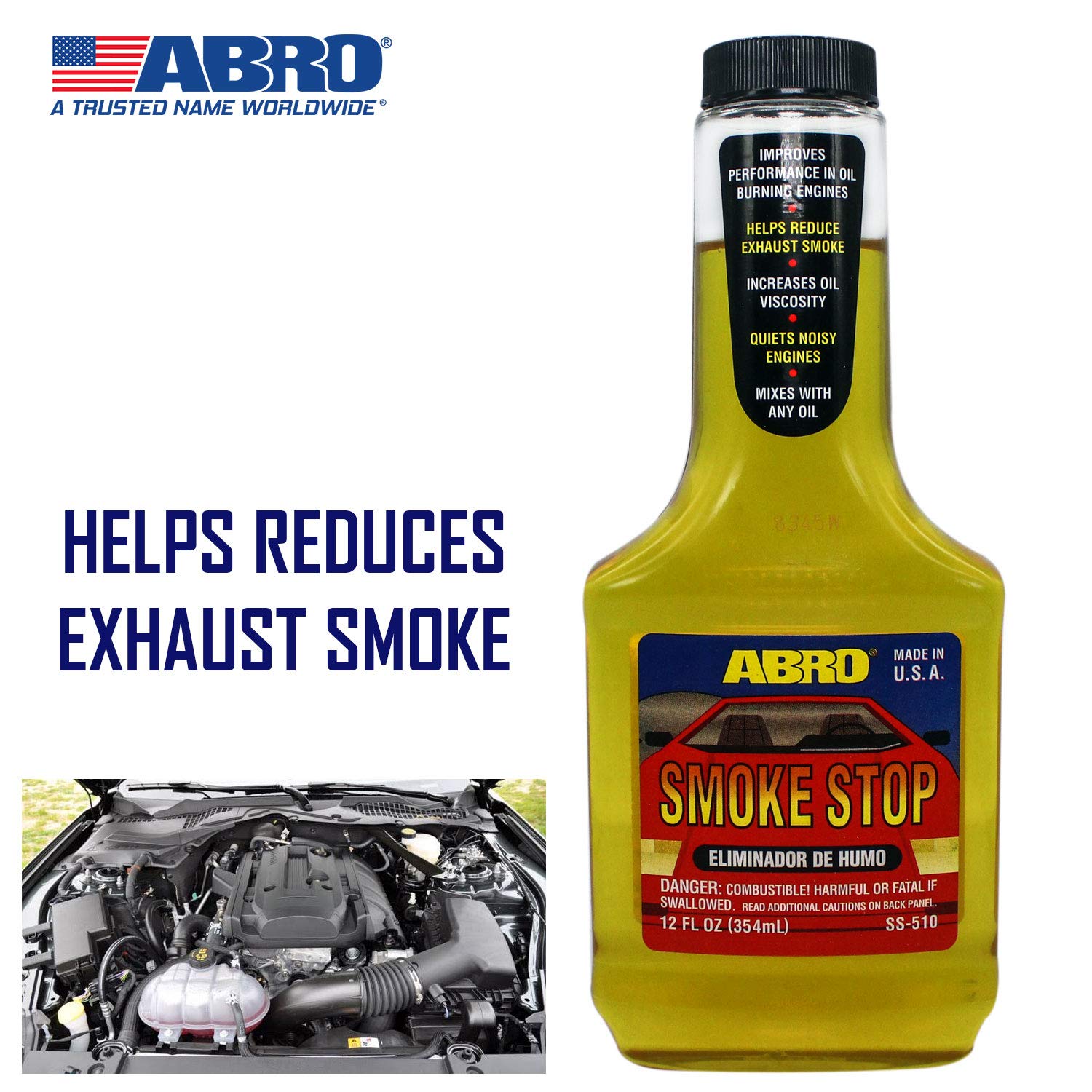 Smoke Stop ABRO, 12 Oz., Halt Exhaust Smoking & Crankcase Gases, Boost Engine Life, Increases Oil Viscosity for Better Compression, Reduce Smoke, Silence Engines, Mixes with Any Oil