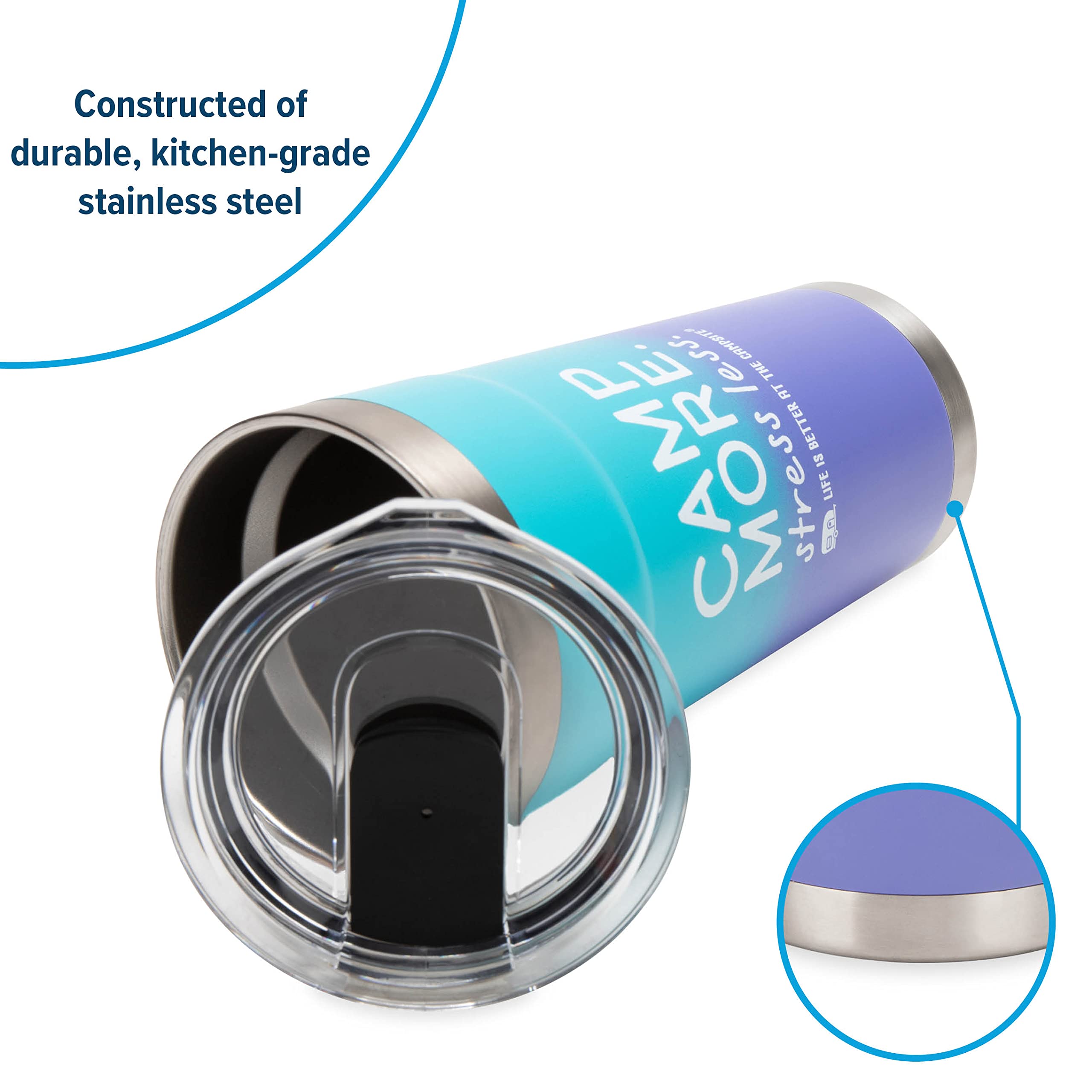 Camco Painted Stainless Steel Tumbler is Better at The Campsite Life - Features Double Wall Vacuum Insulation for Heat/Ice Retention & Unique Camp More, Stress Less Design - Holds 20 oz. (53317)