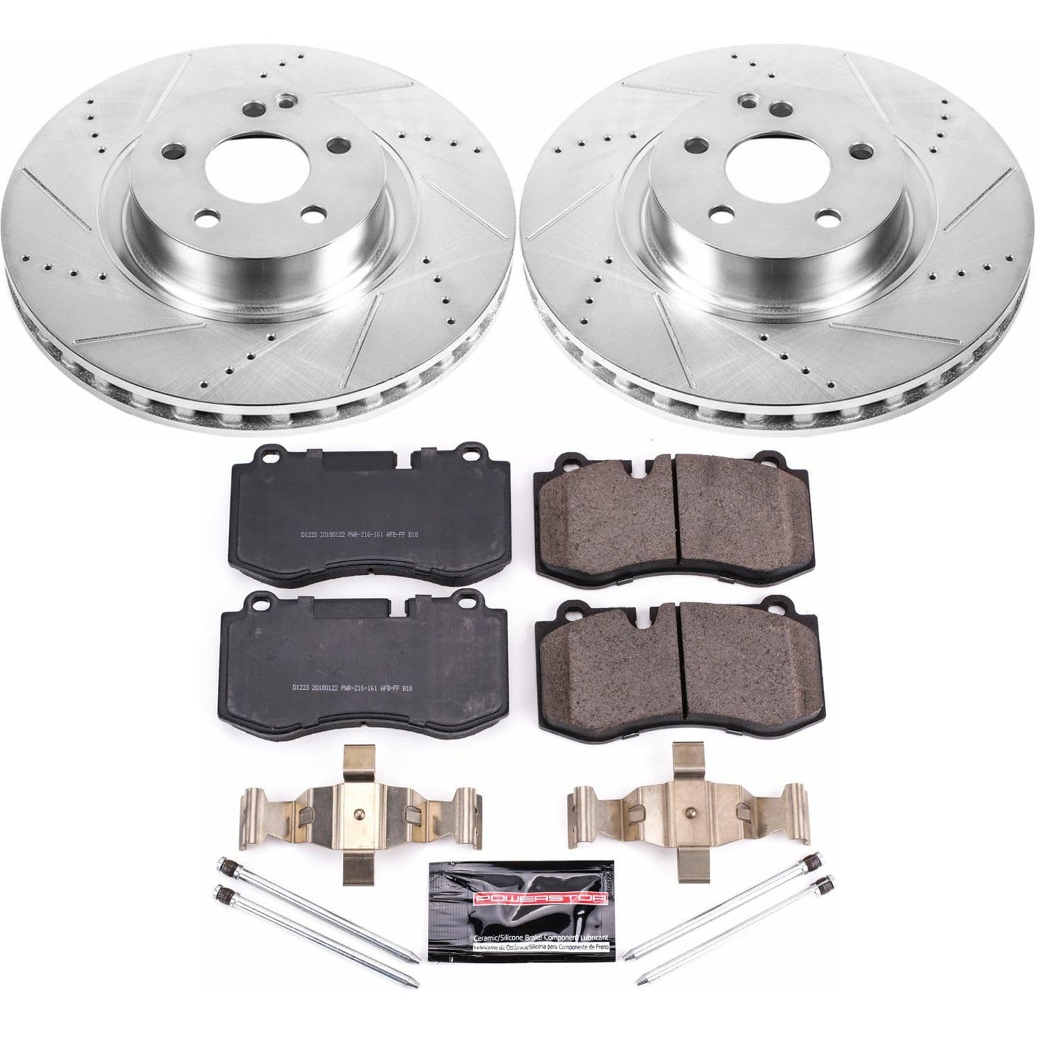 Power Stop K6231 Z23 Front Carbon Fiber Brake Pads with Drilled & Slotted Brake Rotors Kit and 1 Front Sensor Wire For Mercedes-Benz CL550, Mercedes-Benz S400, Mercedes-Benz S550 [Model Specific]