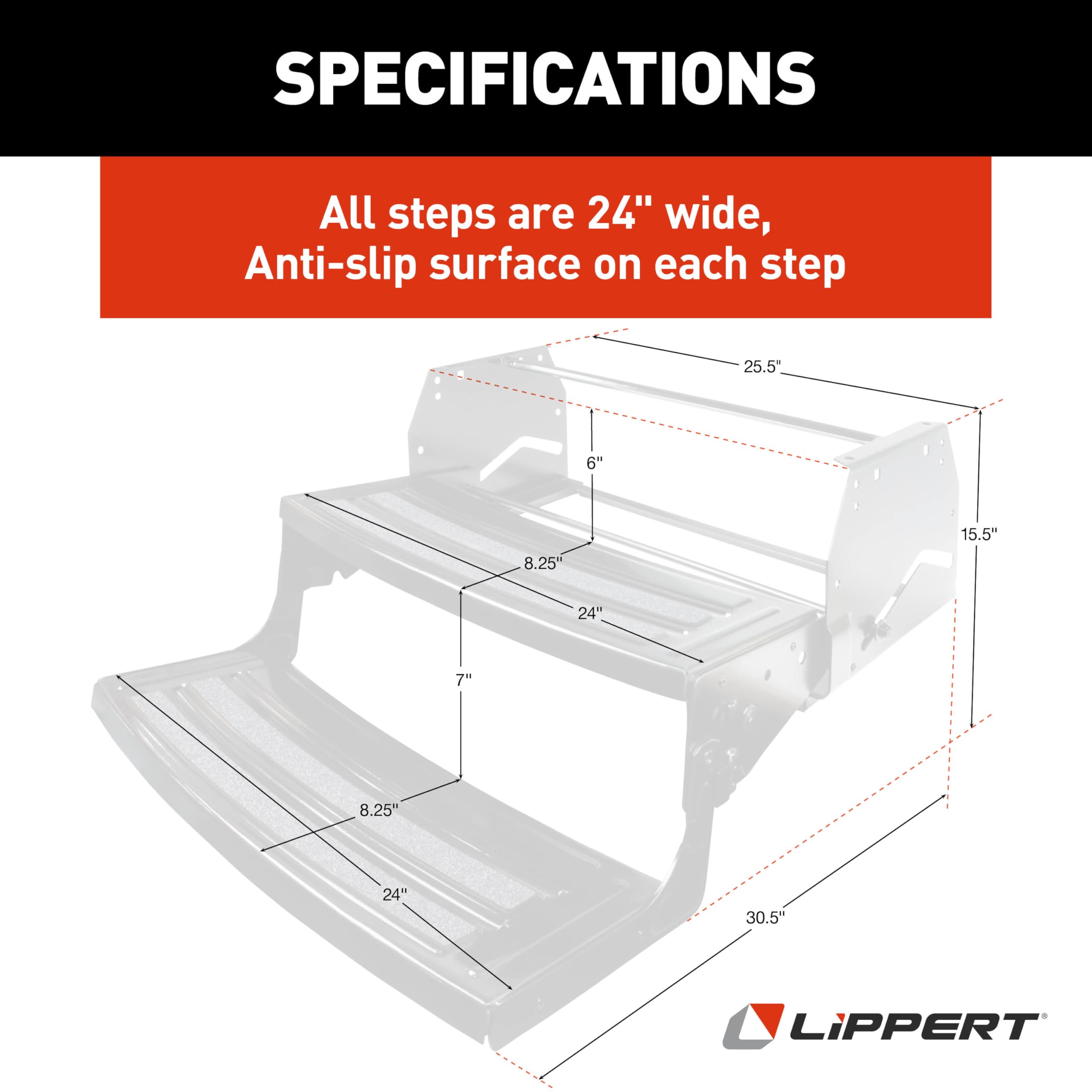 Lippert 24" Radius Double Manual RV Step Assembly, 8" Rise, 300 lbs. Anti-Slip Steps, Compact One-Hand Expand or Collapse, Black Powder Coat, Travel Trailers, 5th Wheels, Campers - 432682