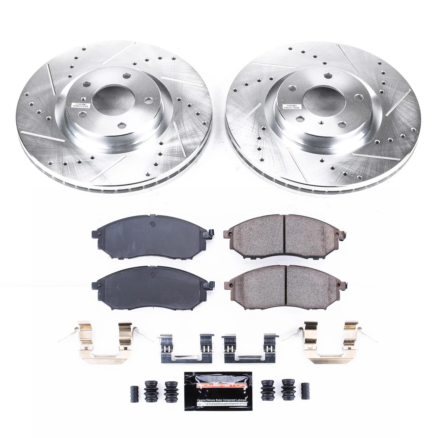 Power Stop K112 Z23 Brake Pads Front with Drilled Slotted Brake Rotors Kit For EX35, G25, G35, G37, M35, M35h, M37, M45, M56, INFINITI, Q70, Q70L, QX50, QX70, 350Z, 370Z [Model Specific]