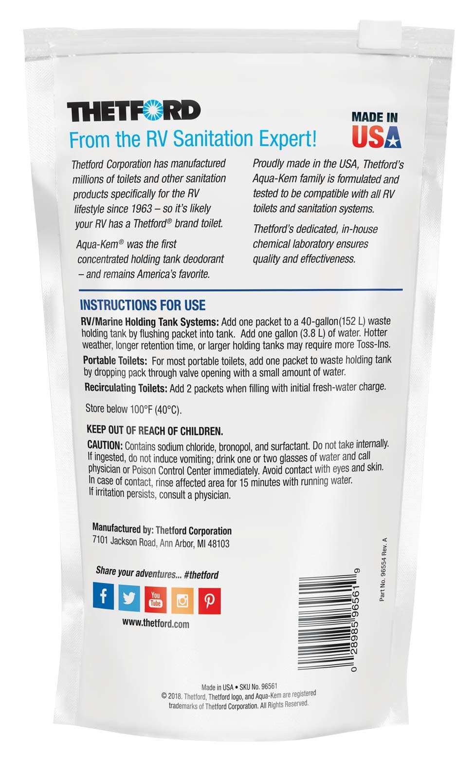 Aqua-KEM Toss-Ins Fresh Scent RV Holding Tank Treatment - Deodorant/Waste Digester/Detergent - Pack of 16 - Thetford 96561