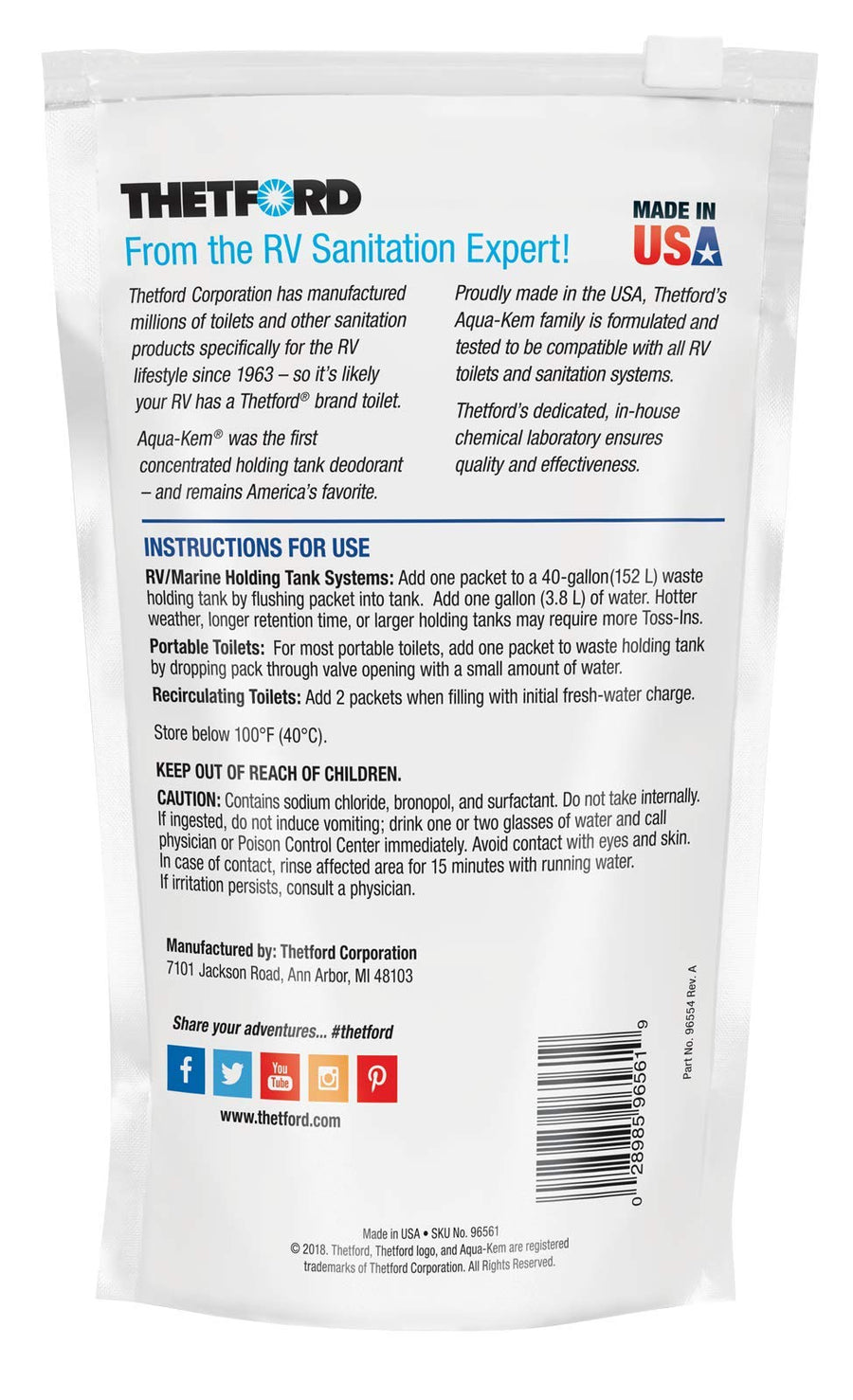 Aqua-KEM Toss-Ins Fresh Scent RV Holding Tank Treatment - Deodorant/Waste Digester/Detergent - Pack of 16 - Thetford 96561