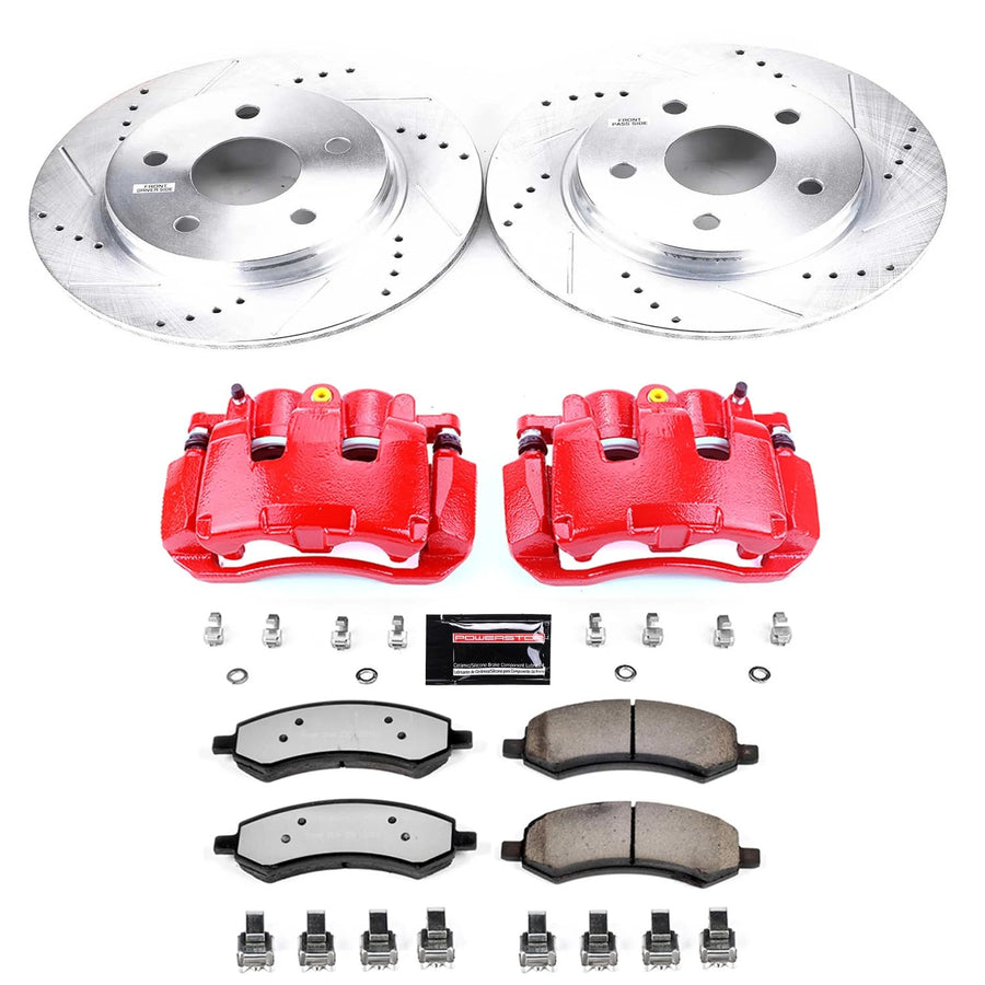 Power Stop Front KC2163A-36 Z36 Truck and Tow Brake Pads with Drilled and Slotted Rotors Kit with Calipers For Chrysler Aspen Dodge Durango Ram 1500