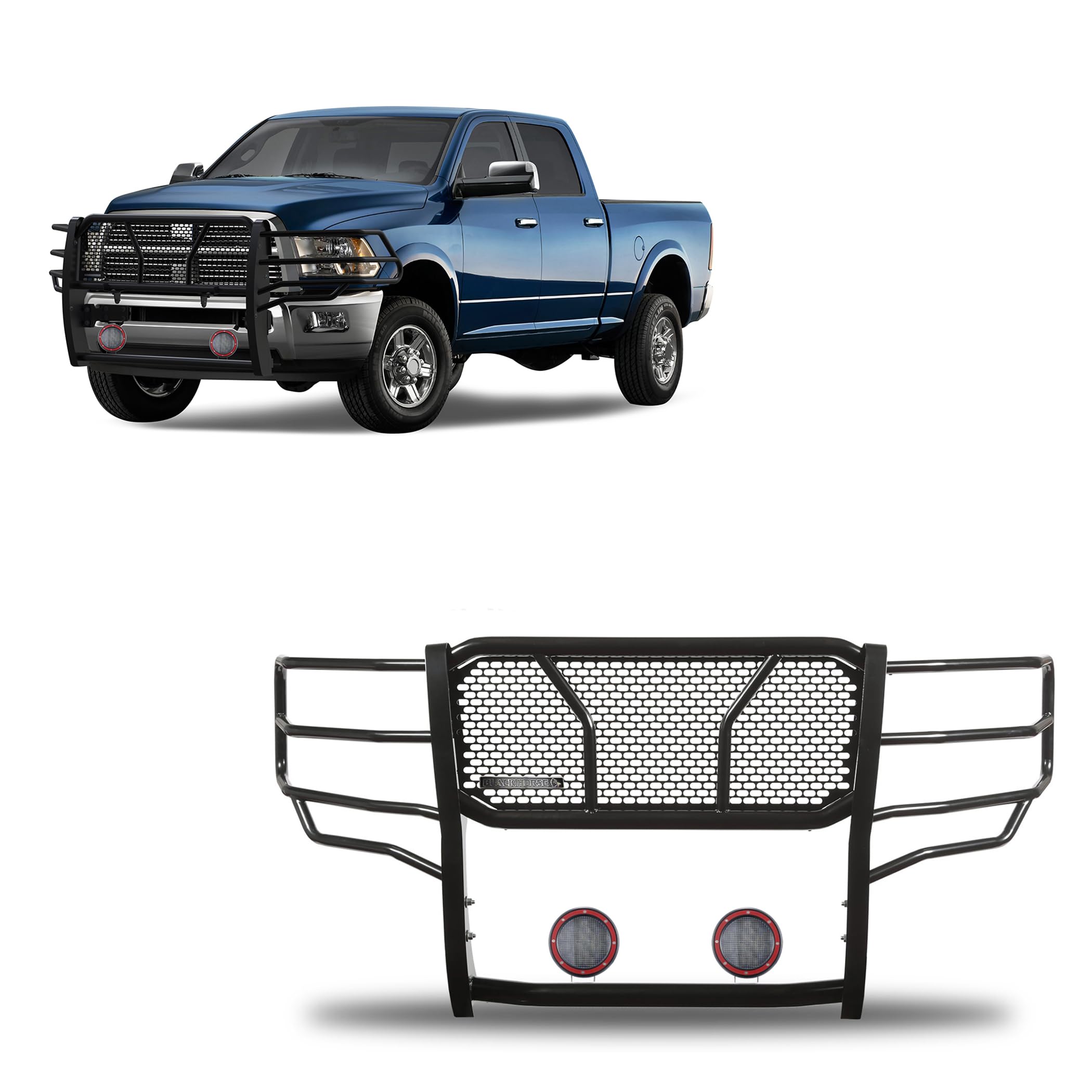 Heavy Duty Black Horse Rugged Grille Brush Bumper Guard Modular Black Come with Pair of 5.3" Dia.LED Lights with Red Trim Rings Compatible with 2010-2018 Dodge Ram 2500/3500-RU-DORA10-B-PLFR