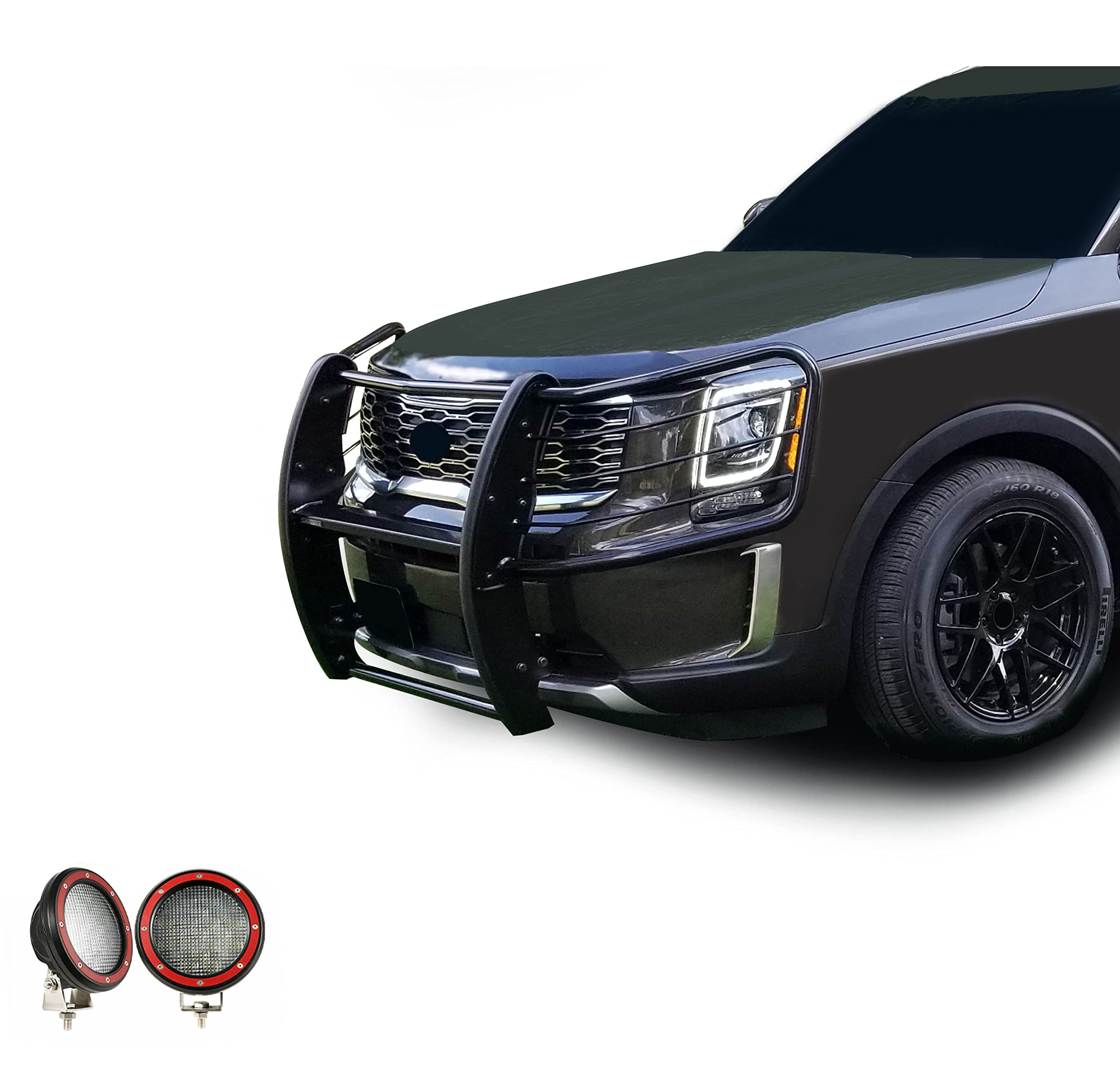 Grille Brush Black Horse Bumper Guard Modular Black Come with Pair of 5.3" Dia.LED Lights with Red Trim Rings Compatible with 2020-2024 Kia Telluride-17KI01MA-PLFR