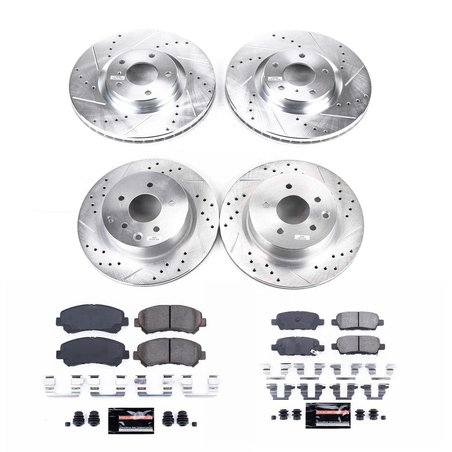 Power Stop K6075 Z23 Carbon Fiber Brake Pads Front and Rear with Drilled and Slotted Brake Rotors Kit For 2009 2010 2011 2012 2013 2014 Nissan Maxima