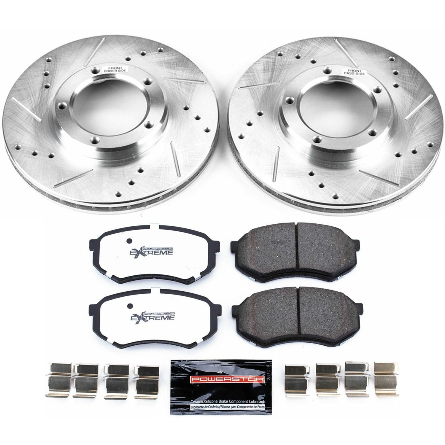Front Brake Kit Power Stop For 1995 1996 1997 1998 1999 2000 2001 2002 2003 2004 Toyota Tacoma - Truck & Tow Carbon Fiber Ceramic Brake Pads & Drilled and Slotted Rotors Replacement, K1232-36