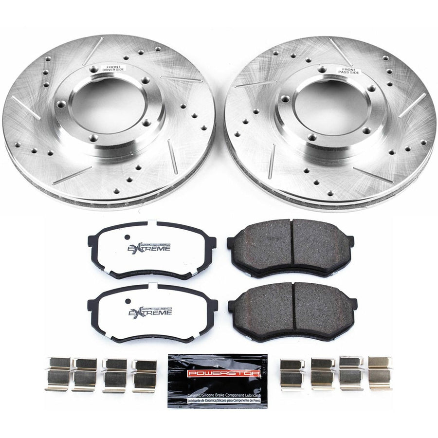 Front Brake Kit Power Stop For 1995 1996 1997 1998 1999 2000 2001 2002 2003 2004 Toyota Tacoma - Truck & Tow Carbon Fiber Ceramic Brake Pads & Drilled and Slotted Rotors Replacement, K1232-36