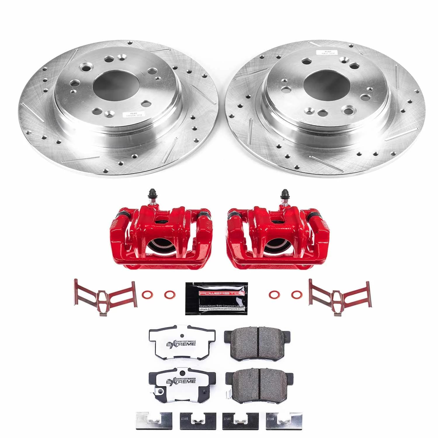 Power Stop Z26 KC6172-26 Rear Caliper Kit-Drilled/Slotted Rotors, Carbon Ceramic Brake Pads, Calipers For Honda CR-V 2002-2004 [Model Specific]