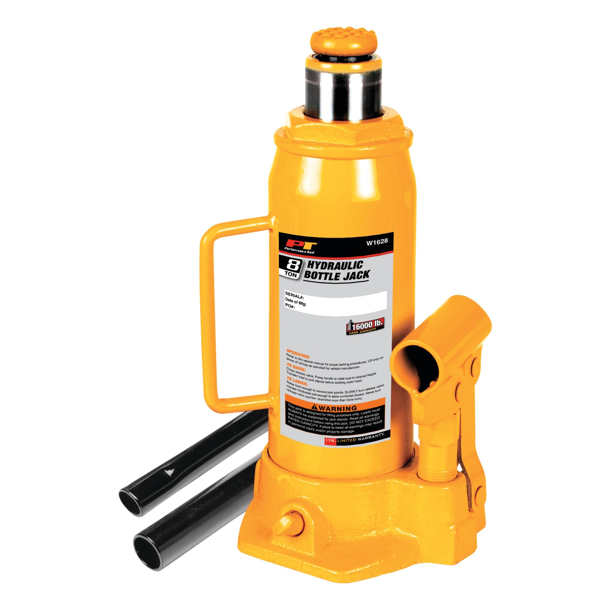 Heavy Duty Performance Tool W1628 8-Ton (16,000 lbs.) Hydraulic Bottle Jack
