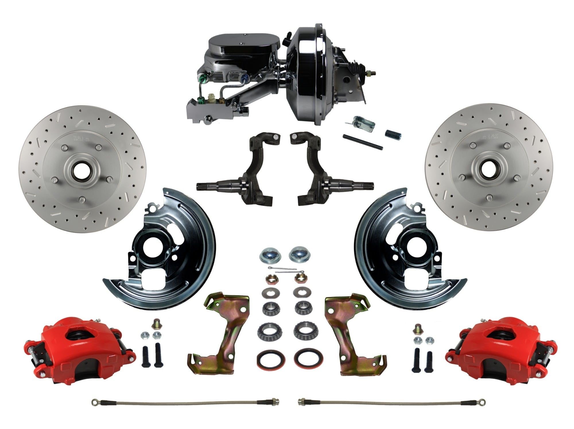 Power Front Disc Brake Kit Leed Brakes Drilled And Slotted Rotors, Red Powder Coated Calipers With 9" Booster Disc/Disc