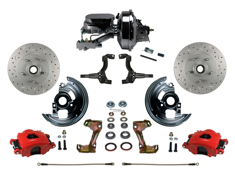 Power Front Disc Brake Kit Leed Brakes Drilled And Slotted Rotors, Red Powder Coated Calipers With 9" Booster Disc/Disc