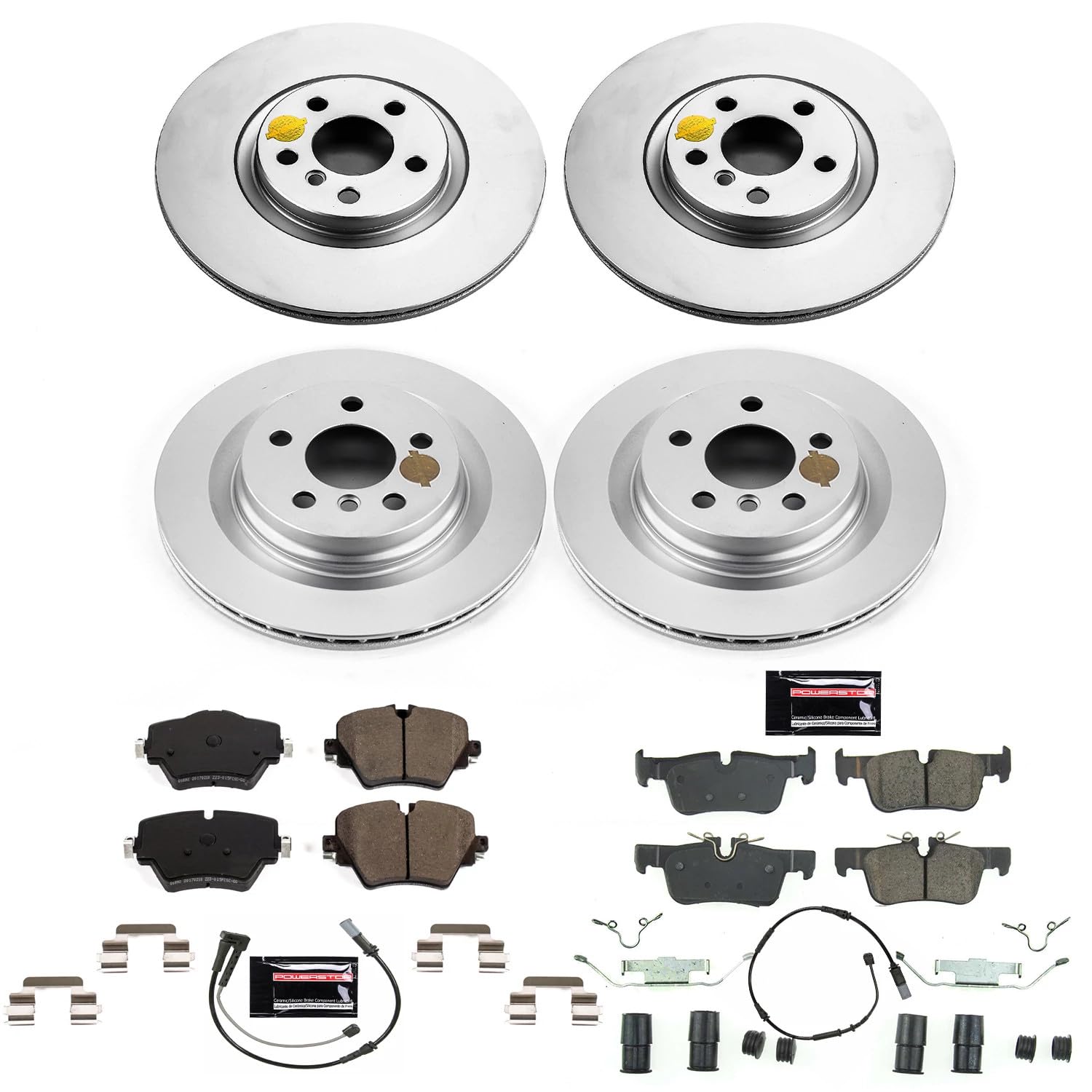 Power Stop Z23 Coated Rotor Kit-CRK7916 Front and Rear Coated Brake Rotors, Carbon Ceramic Brake Pads and 1 Front & 1 Rear Sensor Wires For BMW X1, BMW X2, Mini Cooper Countryman [Model Specific]