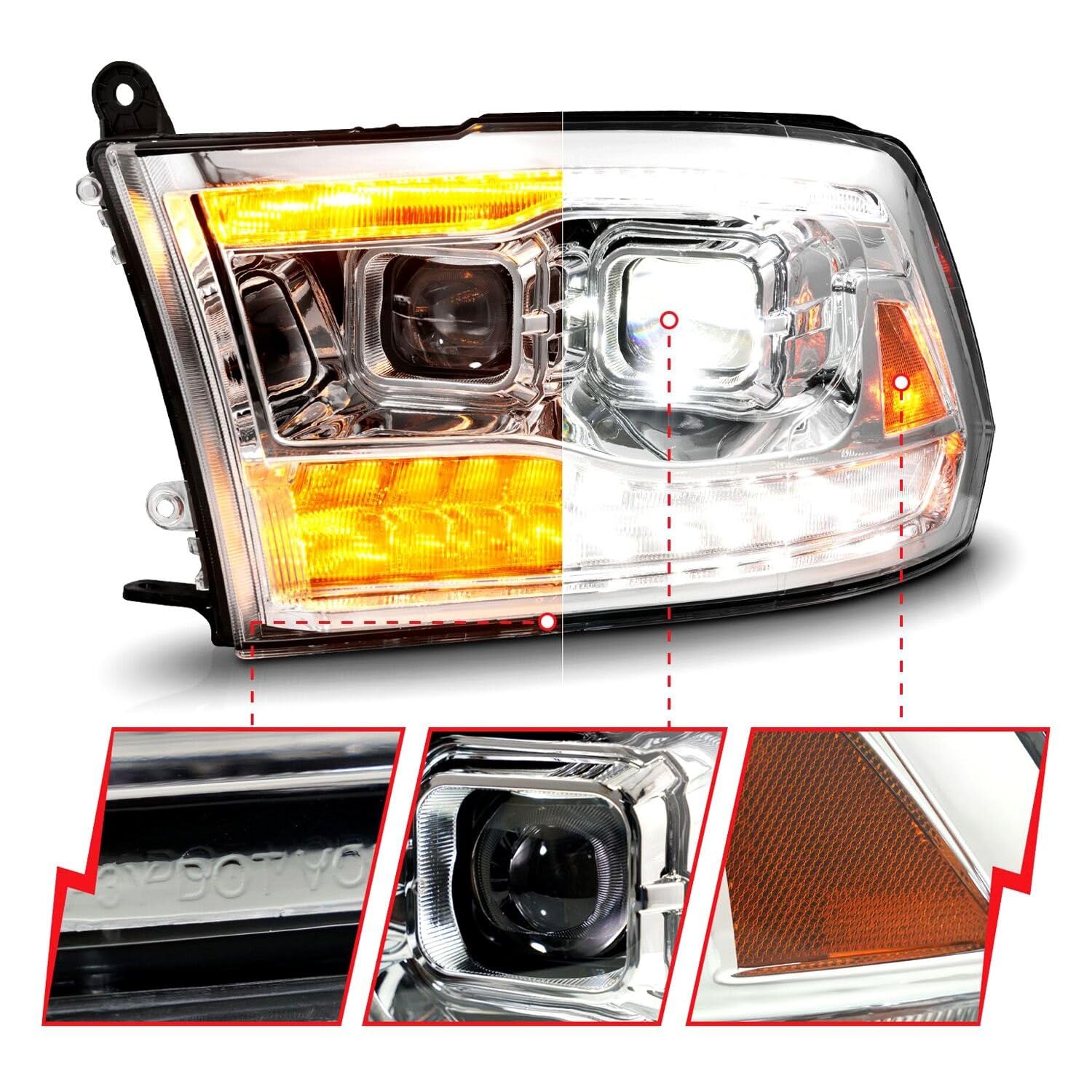 Dual Projector LED Headlights ANZO - With LED DRL And Sequential Turn Signal Chrome