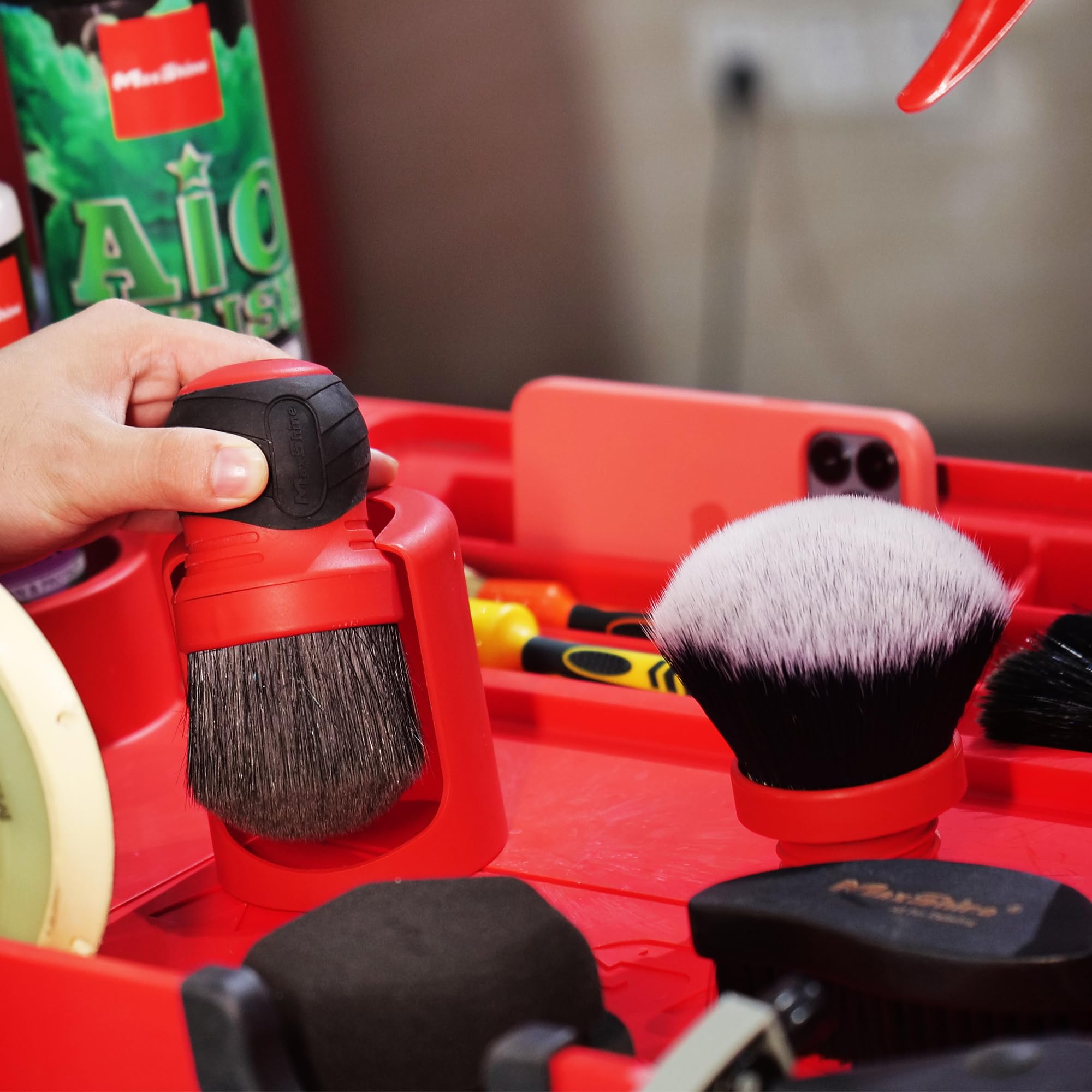Maxshine Ultra-Soft Red & Gray Combo Large Bristle Brush with Storage Rack | Curved Grip Interior Detailing Brush for Dashboard, Displays & Air Vents | Premium Car Cleaning Accessory