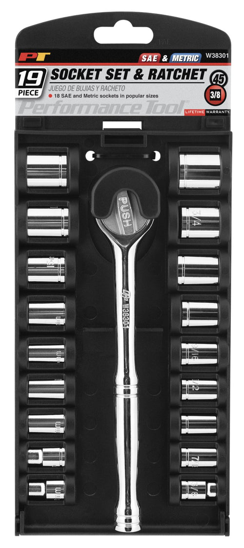 W38301 Performance Tool 19 Piece 3/8" Drive SAE and Metric 6 Point Socket Set with Ratchet