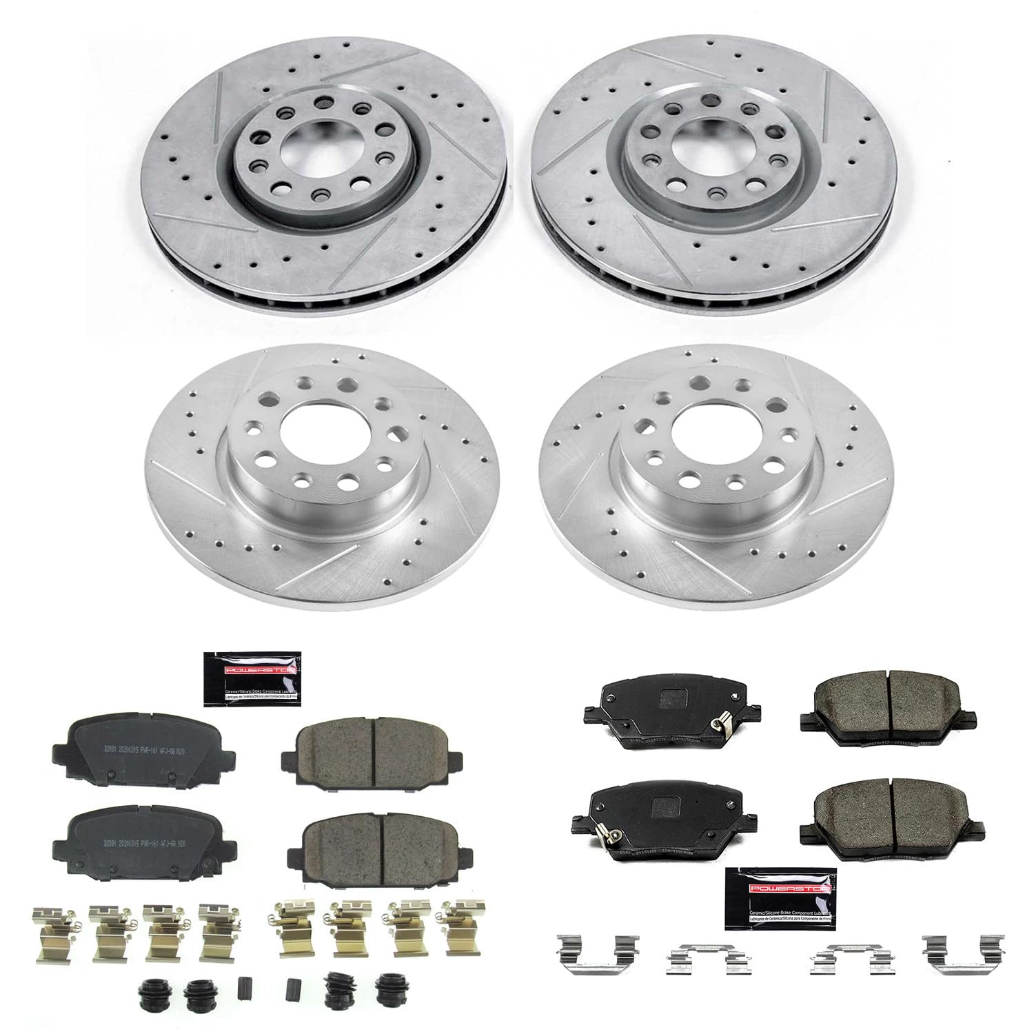 Power Stop K7598 Z23 Carbon Fiber Brake Pads Front and Rear with Drilled & Slotted Brake Rotors Kit For Jeep Compass 2017-2022 [Model Specific]