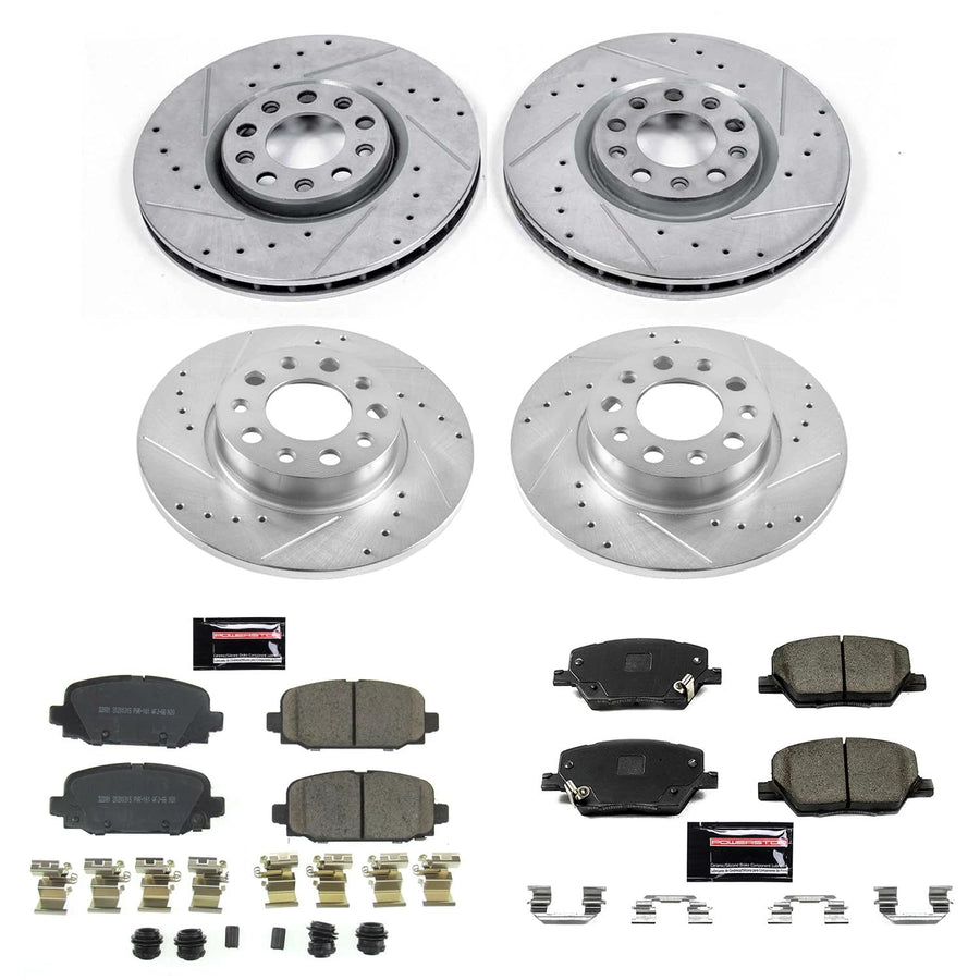Power Stop K7598 Z23 Carbon Fiber Brake Pads Front and Rear with Drilled & Slotted Brake Rotors Kit For Jeep Compass 2017-2022 [Model Specific]