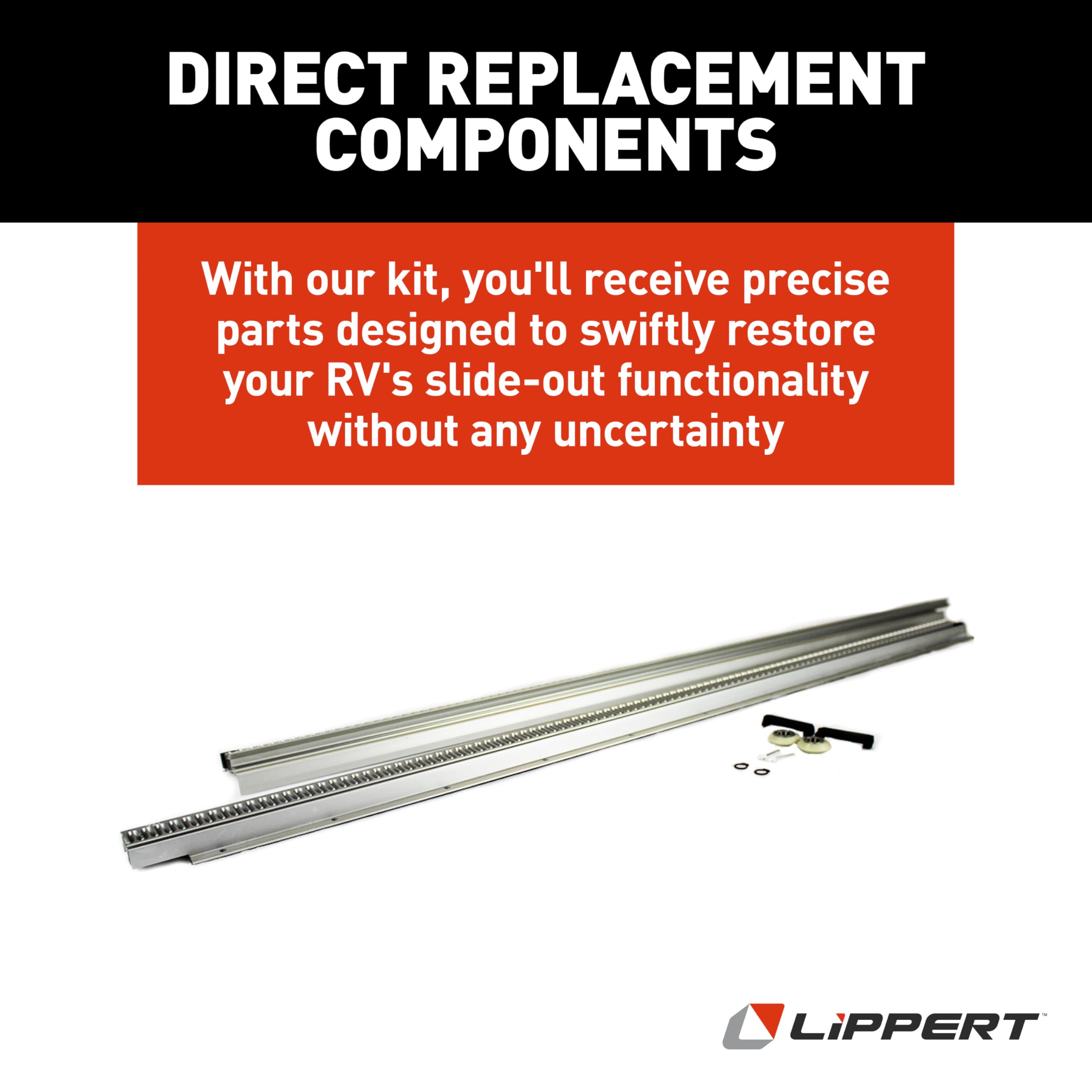 Dual Rack Repair Kit for RV Slide-Out Systems Lippert In-Wall Replacement with Hook Racks, V-Rollers, Retainers, Rivets, Rack Shoes, Wear Pads, Plugs, Sealing Foam, Fixed Side, Clear - 366154