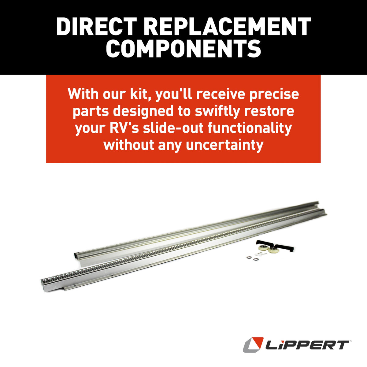 Dual Rack Repair Kit for RV Slide-Out Systems Lippert In-Wall Replacement with Hook Racks, V-Rollers, Retainers, Rivets, Rack Shoes, Wear Pads, Plugs, Sealing Foam, Fixed Side, Clear - 366154