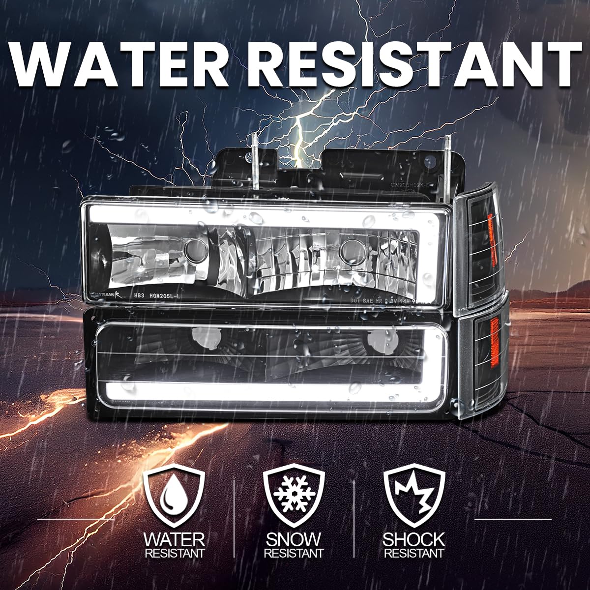 Black LED Tube Headlights + Bumper Parking + Corner Lights SPEC-D TUNING Compatible with 1994-1998 GMC C10 Pickup Sierra Suburban Yukon Left + Right Pair Assembly