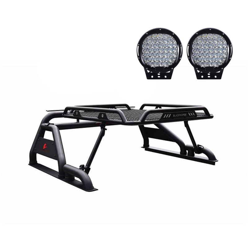 Warrior Black Horse Roll Bar Incl.Set of 9 Black Round LED Light Compatible with 2020-2024 Jeep Gladiator-WRB-09BK-PL69B