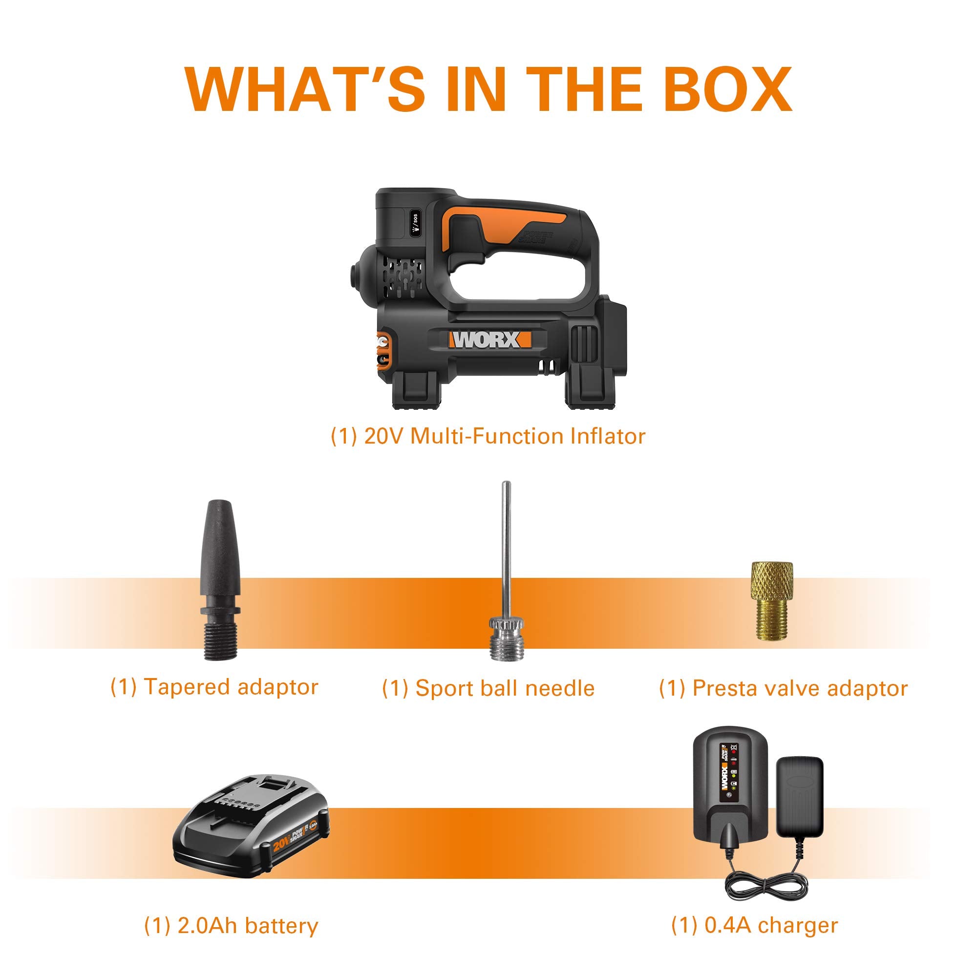 Worx 20V WX092L 2.0Ah 2 in 1 Cordless Inflator Battery and Charger Included, max. 10 Bar, Digital pressure display