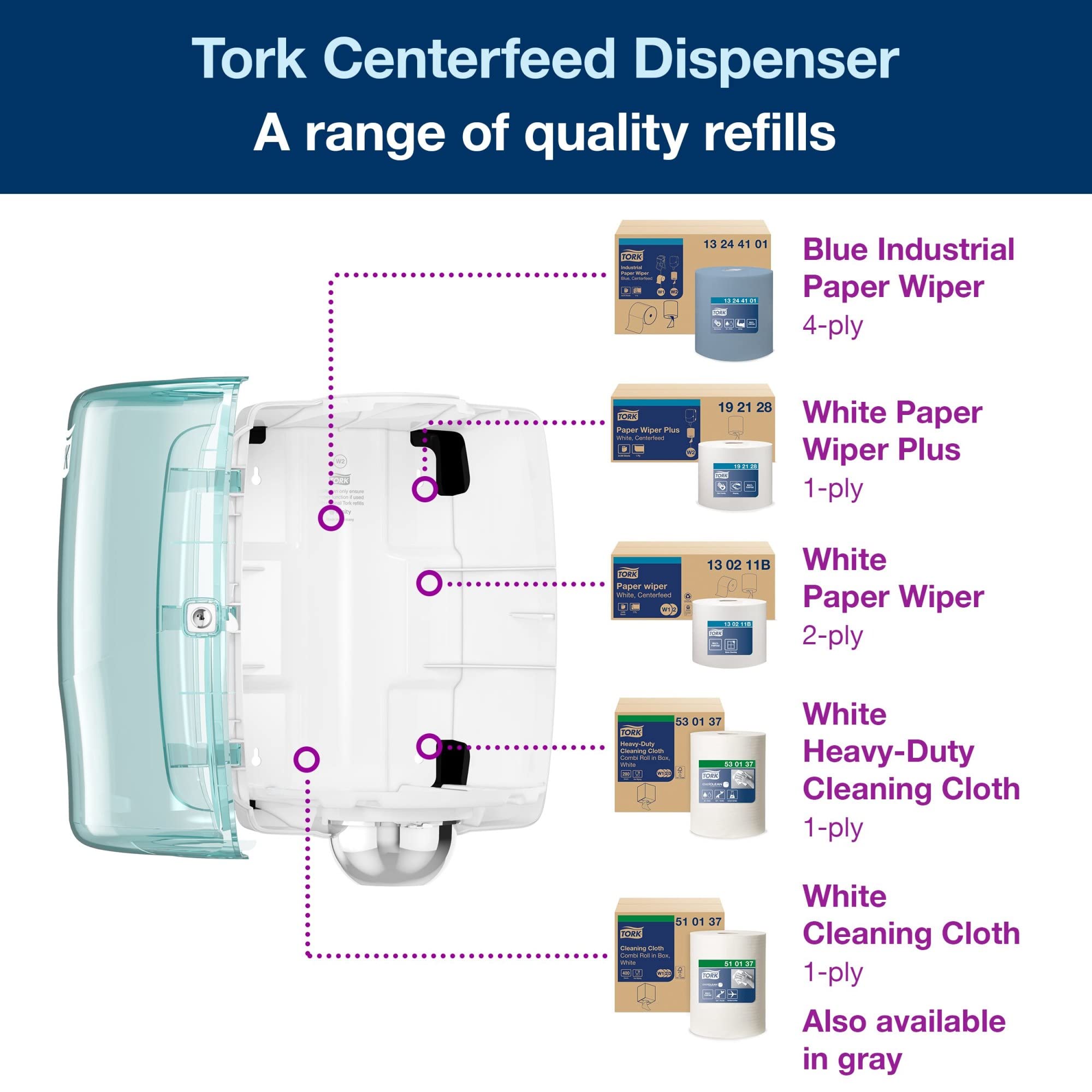 Tork Centerfeed Maxi Roll Dispenser Aqua/White W2, High Capacity, Performance Range, 653020