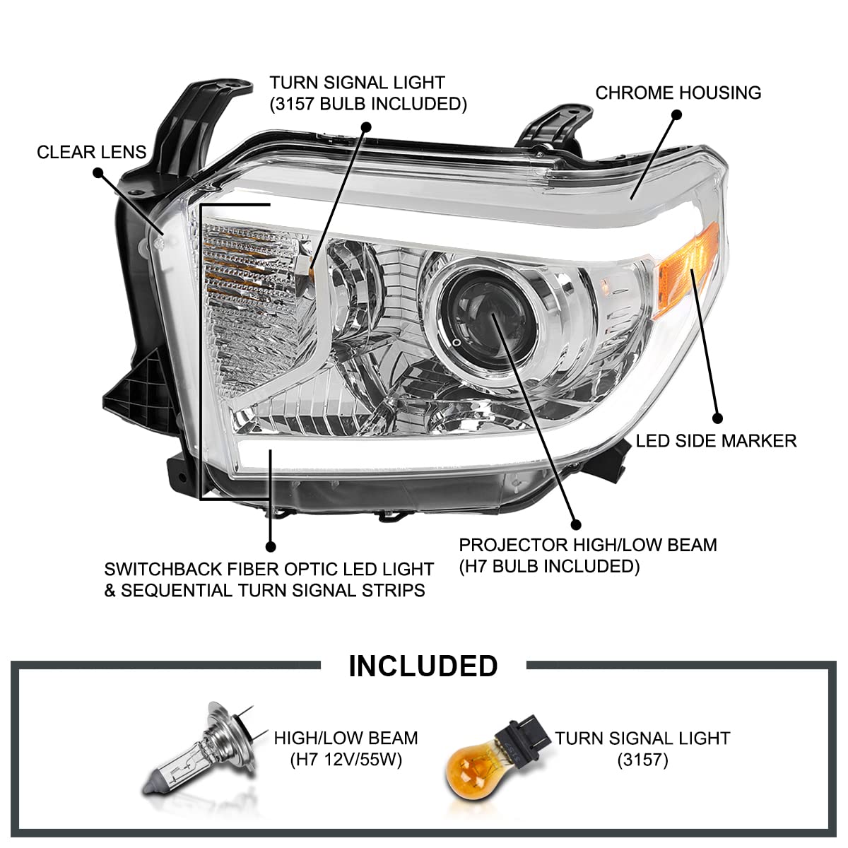 Chrome Projector Headlights SPEC-D TUNING w/Switchback Sequential LED Turn Signal Compatible with 2014-2021 Toyota Tundra, Left + Right Pair Headlamp Assembly