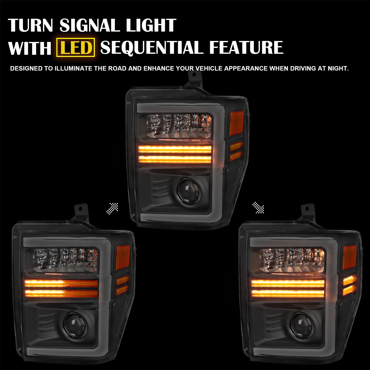 Black SPEC-D TUNING Projector Headlights with Sequential LED Turn Signal Light Strips Compatible with 2008-2010 Ford F-250, F-350, F-450, F-550 Super Duty, Left + Right Pair Headlamps Assembly