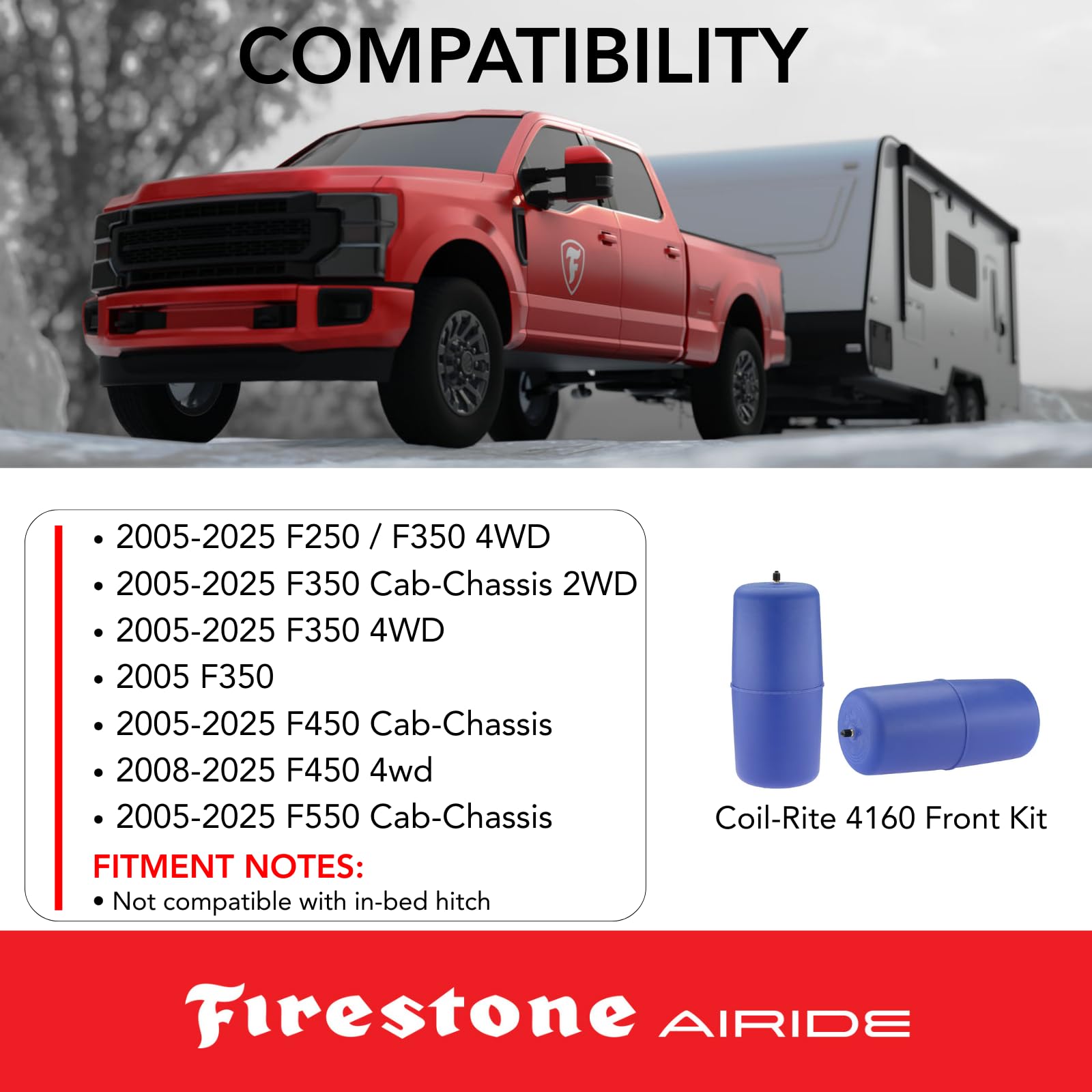 Firestone 4160 Airide Coil-Rite Front Springs Kit fits 2005-2025 F450 F550 Cab-Chassis | 5-35 PSI | No Drill Installation | Made of Durable Elastic Polyurethane | Load Capacity of 1,000 Pounds