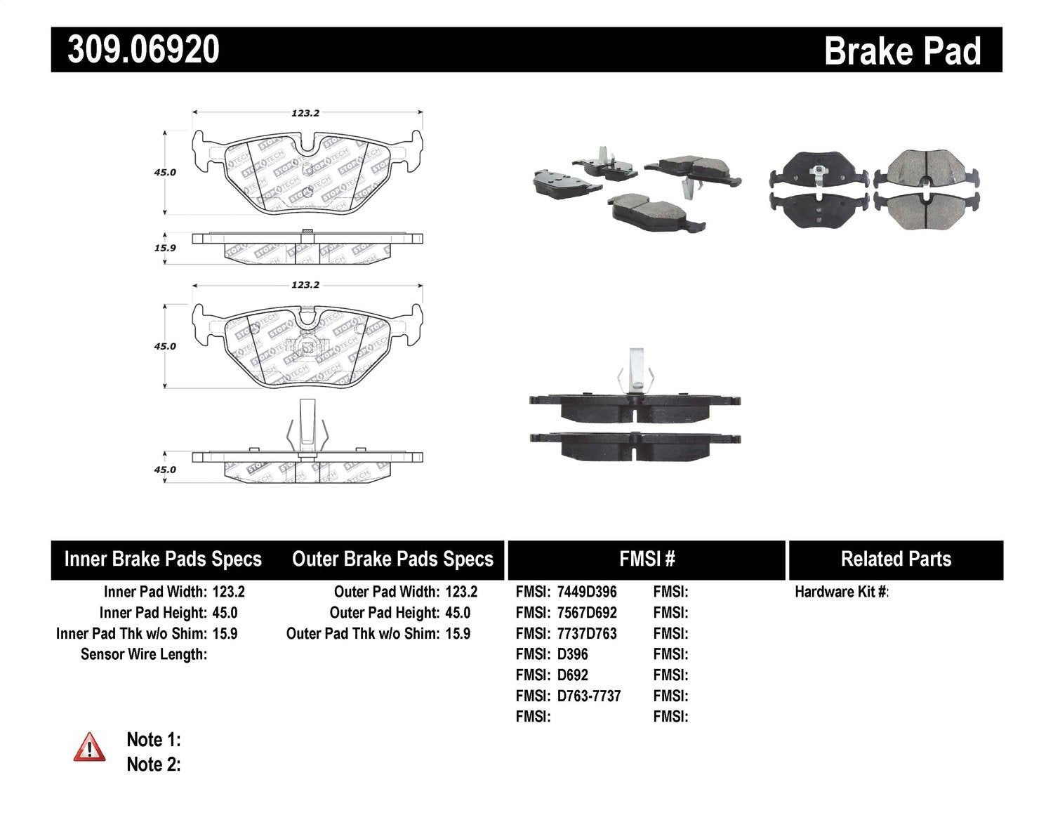 Sport Brake Pads StopTech 309.06920 with Shims and Hardware