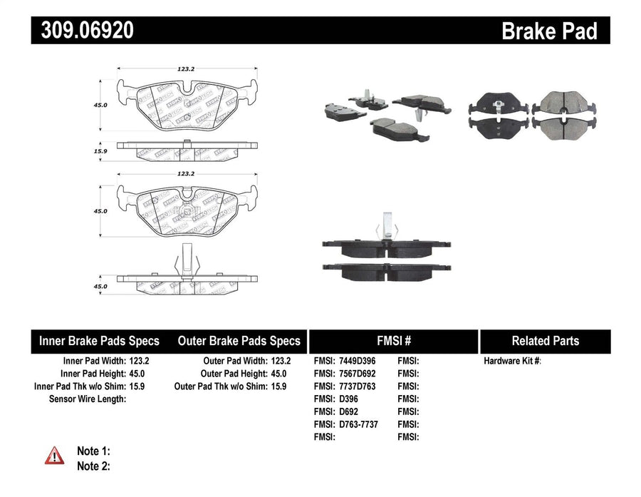 Sport Brake Pads StopTech 309.06920 with Shims and Hardware