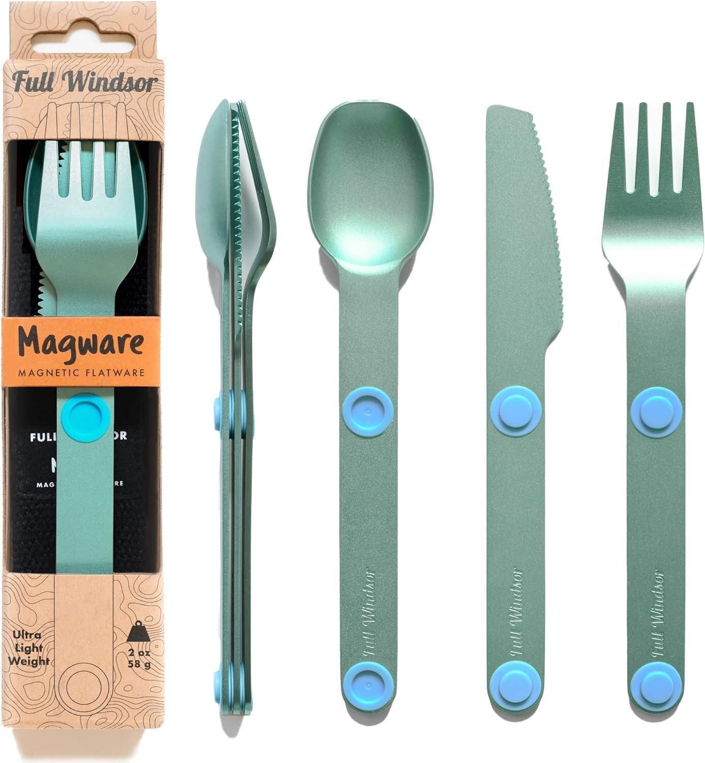 MAGWARE – FULL WINDSOR Magnetic Camping Cutlery Set- Travel Silverware with case, Kids Lunch Box Set, Outdoor Flatware Utensils, Portable Repurposable Essentials Knife, Fork & Spoon- Turquoise (3PCS)