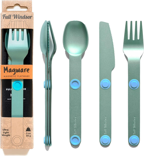 MAGWARE – FULL WINDSOR Magnetic Camping Cutlery Set- Travel Silverware with case, Kids Lunch Box Set, Outdoor Flatware Utensils, Portable Repurposable Essentials Knife, Fork & Spoon- Turquoise (3PCS)