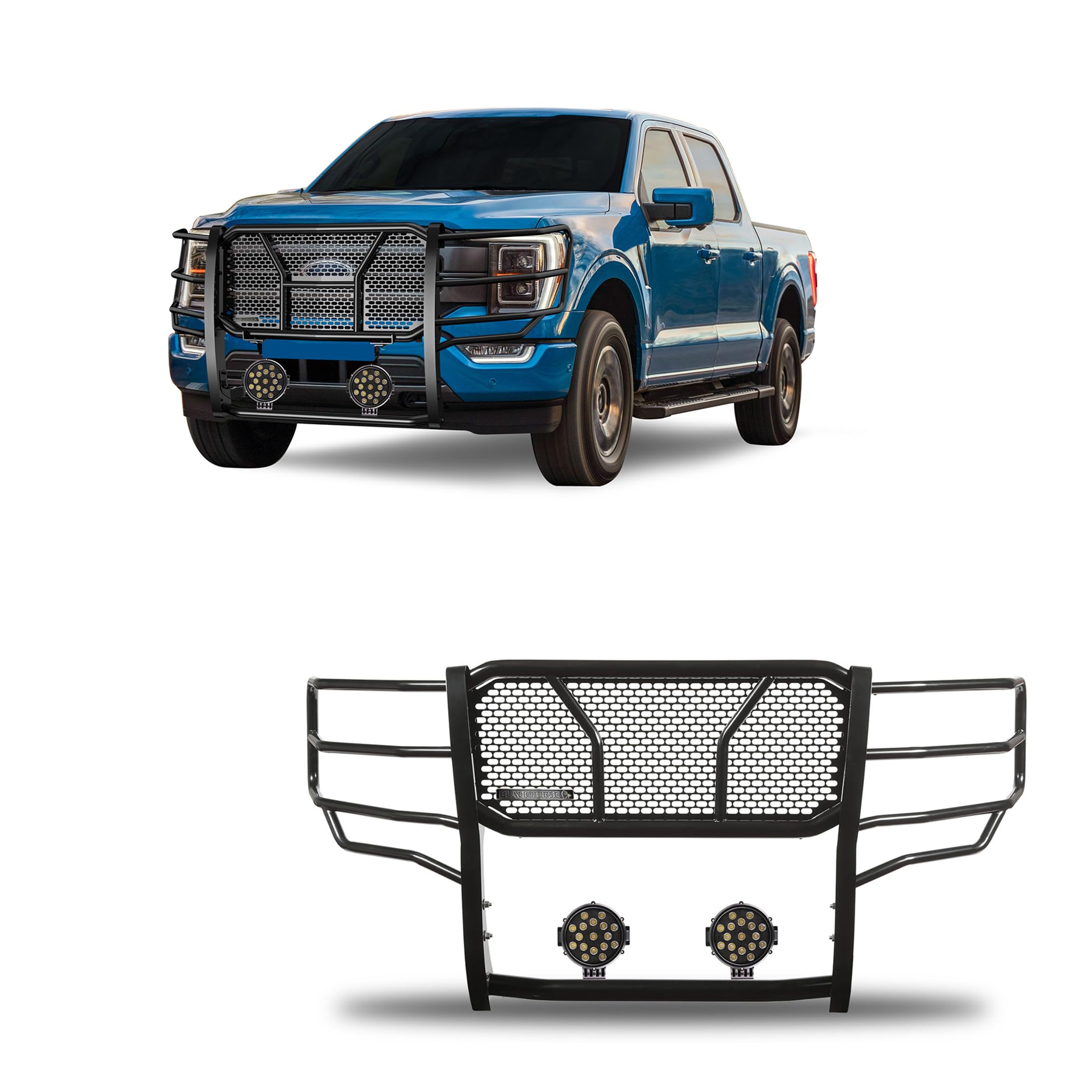 Heavy Duty Black Horse Rugged Grille Brush Bumper Guard Modular Black Come with Pair of 7.0" Dia.LED Lights with Black Trim Rings Compatible with 2021-2024 Ford F-150-RU-FOF116-B-PLB