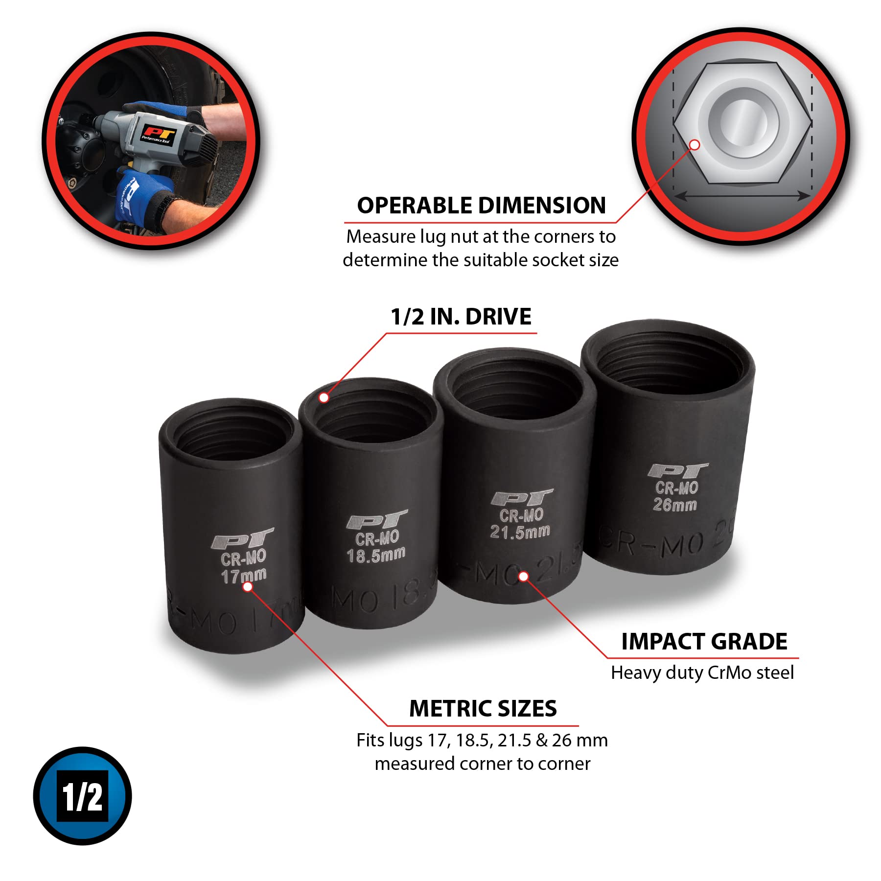 Heavy Duty Performance Tool M990 Impact Socket Set for Lug Nut Removal - Fits 17mm to 26mm, CrMo Steel, Oil Resistant Finish, 1/2-Inch Drive