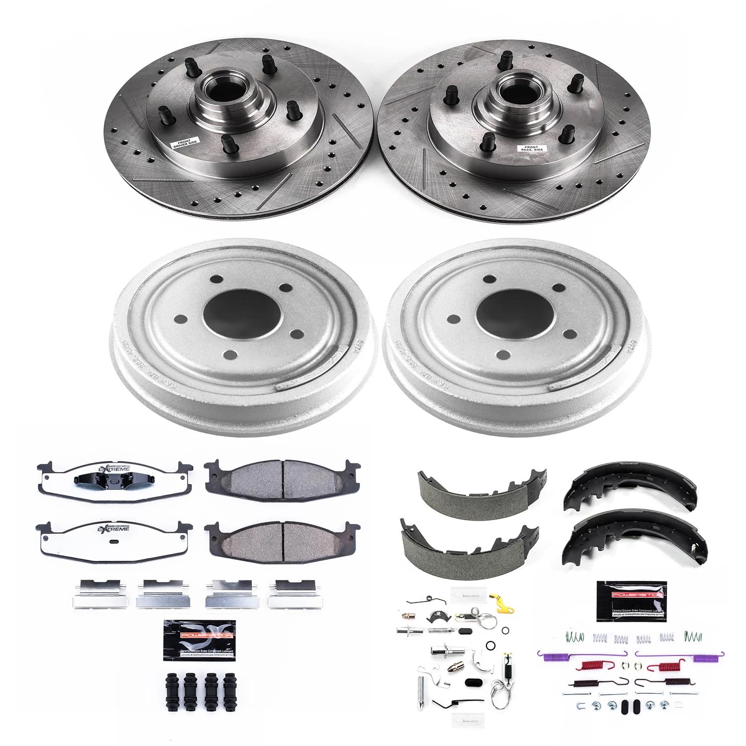 Power Stop K15170DK-36 Z36 Truck & Tow Front and Rear Brake Kit, Carbon Fiber Ceramic Brake Pads and Drilled/Slotted Brake Drums For E-150 Econoline, E-150 Econoline Club Wagon [Model Specific]