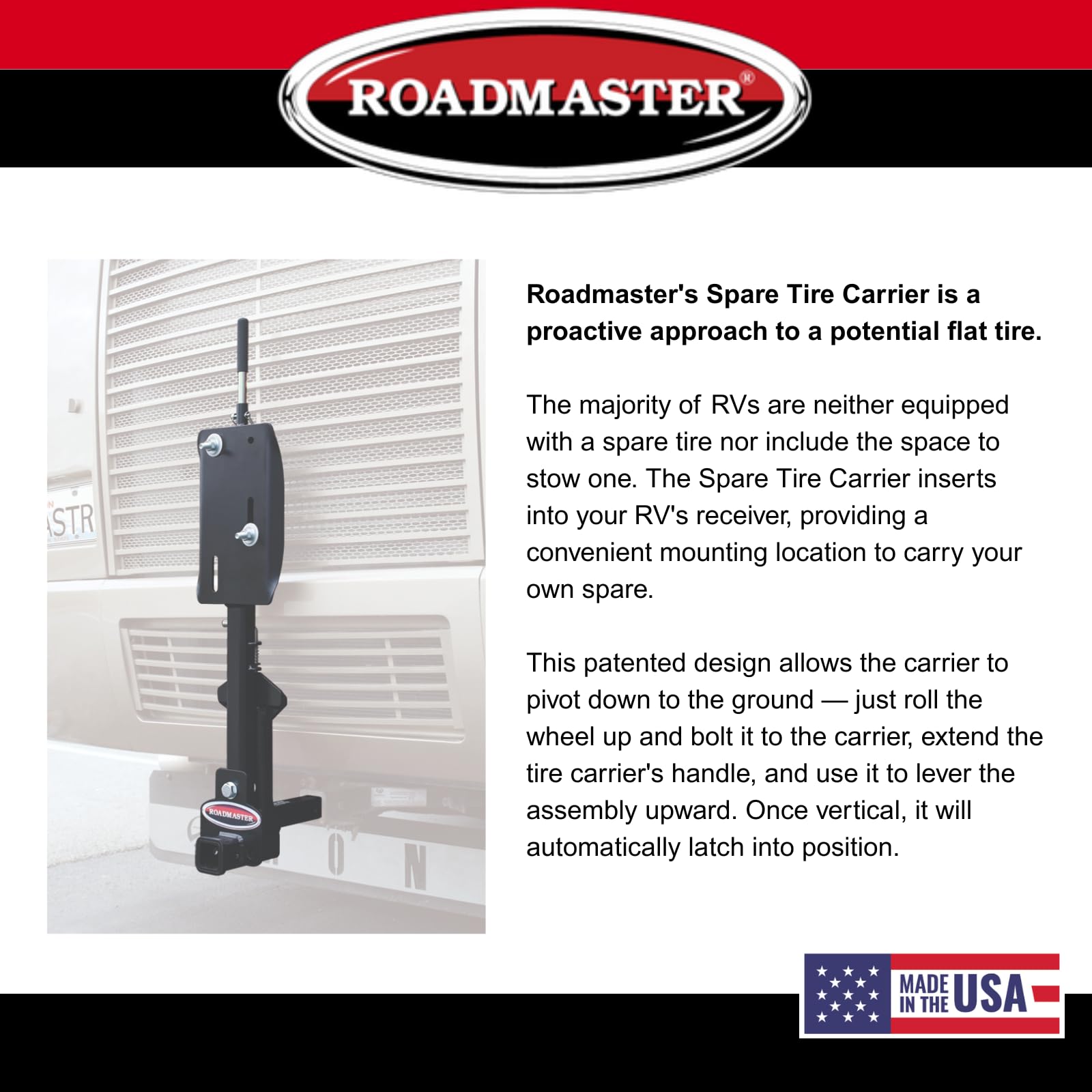 Roadmaster Spare Tire Carrier 195225-S with 2" Drop fits 2" Motorhome Receiver | for 16" - 24.5" Dually Wheels | 10,000 lbs Maximum Capacity | Fits All Lug Nut Patterns